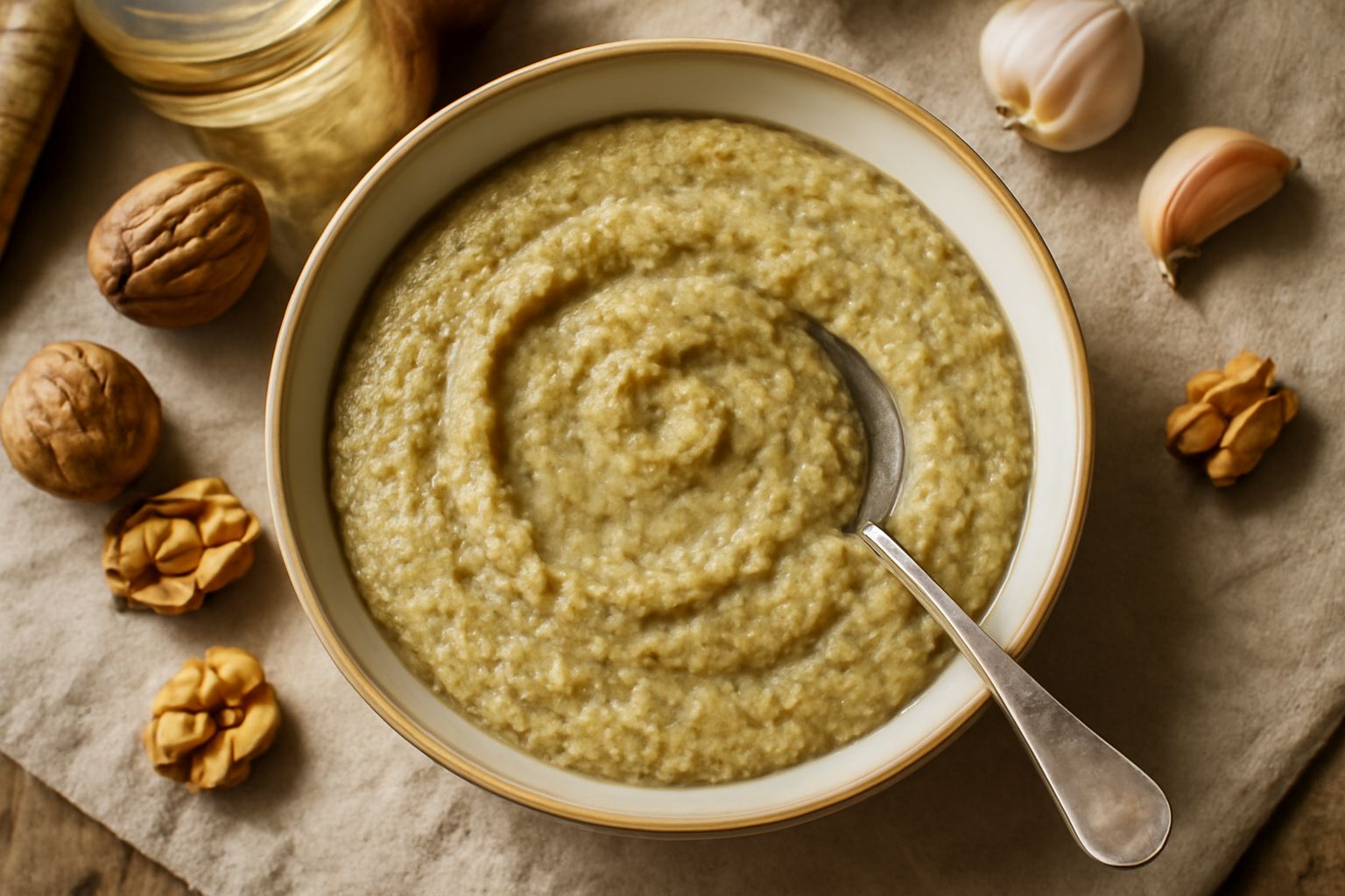Agliata di noce in una ciotola bianca, color beige cremoso, con texture granulosa e una basata ondulata, accanto a una noce intera spezzata e aglio fresco