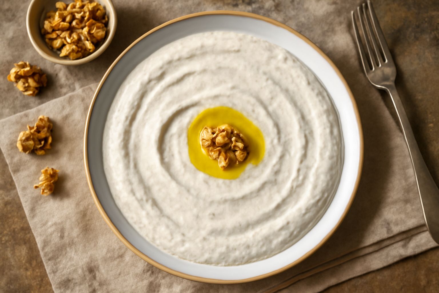 Agliata di noci bianca e cremosa in una ciotola di ceramica bianca, con superficie liscia, un filo di olio extravergine in superficie e una noce intera poggiata sulla crema
