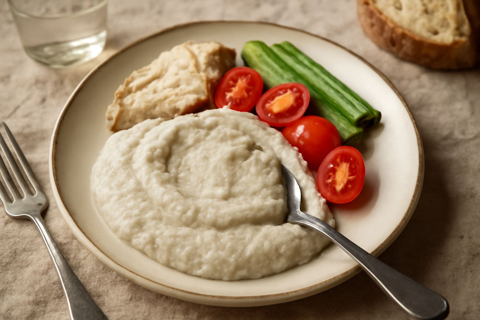 Agliata di pane in una ciotola bianca, cremosa e beige, servita con fette di pane tostato e filetto d'olio d'oliva verde chiaro in superficie, aglio fresco accanto