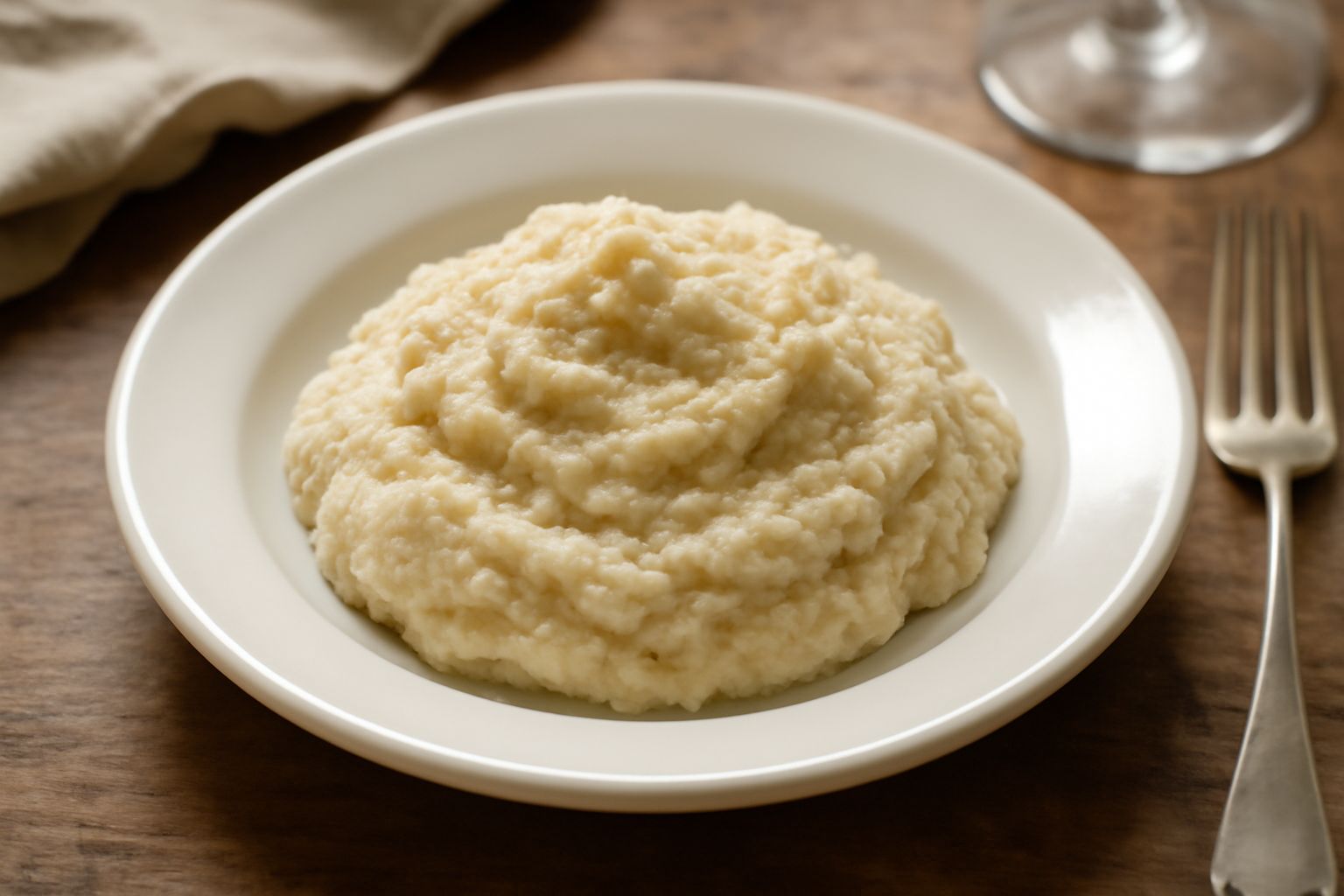 Agliata densa e cremosa di colore beige in una ciotola di ceramica bianca, con gocce di aceto che scendono dal dorso di un cucchiaio di legno, pane tostato spezzettato sullo sfondo