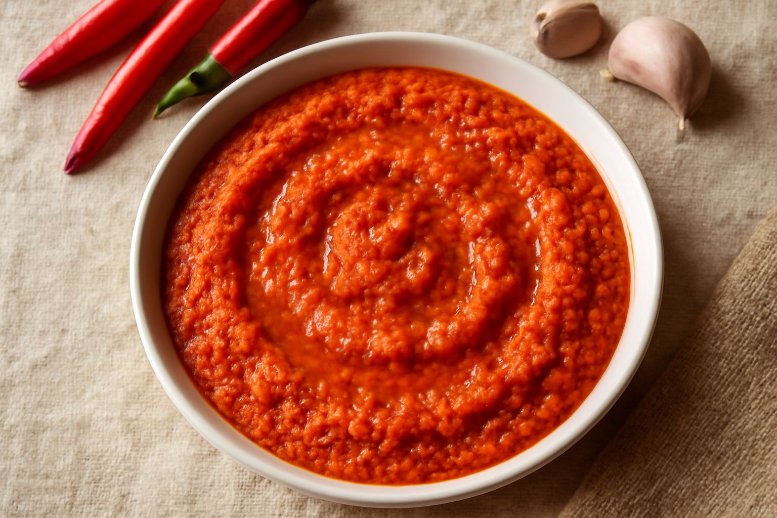 Agliata di peperoncino in ciotola bianca, colore rosso acceso, granulosa e densa, con gocce di olio verde sparpagliate in superficie, accompagnata da peperoncini rossi e spicchi d'aglio a lato