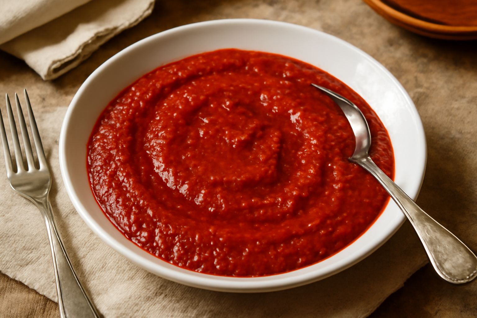 Agliata di peperoni di colore rosso scuro, cremosa e omogenea, servita in una ciotola bianca con filo di olio extravergine e pane tostato accanto
