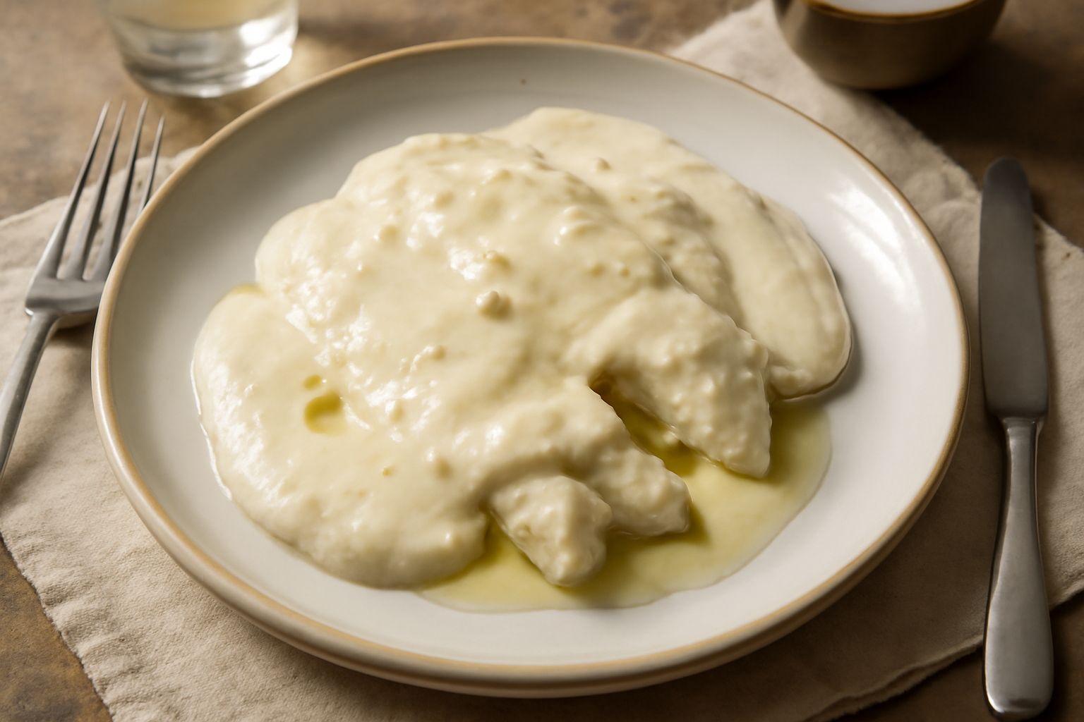 Salsa agliata in una ciotola di terracotta color crema, densa e omogenea, con gocce di olio d'oliva in superficie e pesce bianco bollito sullo sfondo nel piatto