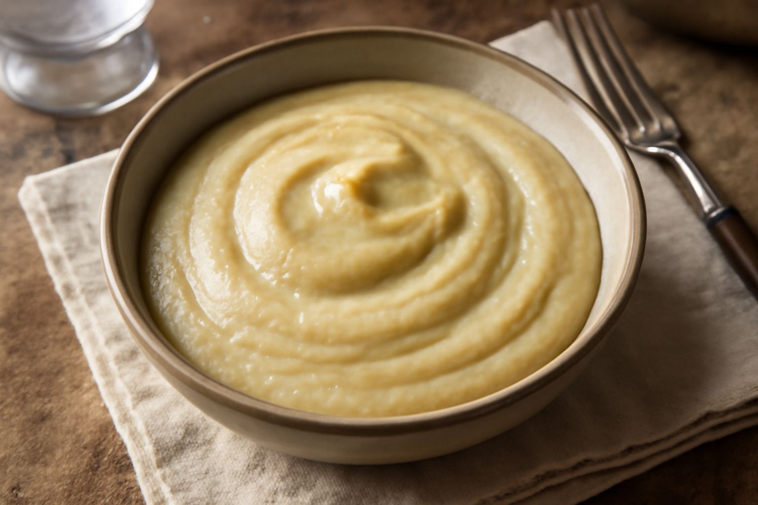 Agliata dolce in una ciotola di ceramica color crema, consistenza densa e cremosa, guarnita con una noce a metà, su sfondo di lino naturale con aglio e pane raffermo accanto