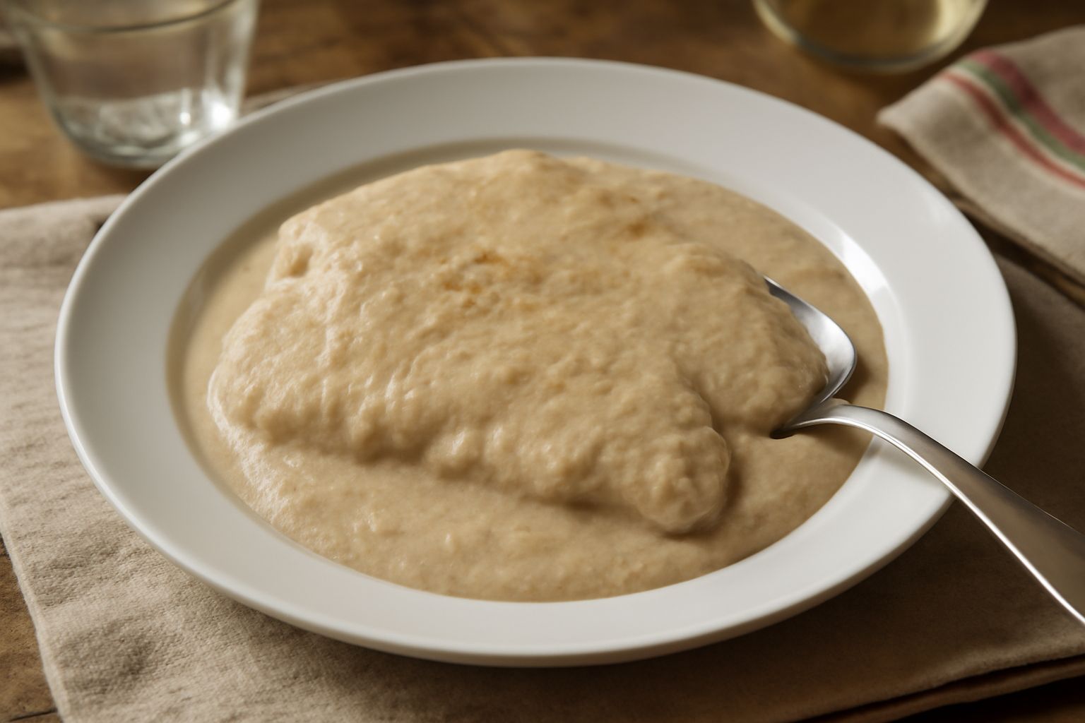 Salsa agliata friulana color beige crema servita in una ciotola bianca, densa e omogenea, con pezzetti visibili di aglio, accanto a una fetta di pane tostato e aglio fresco intero