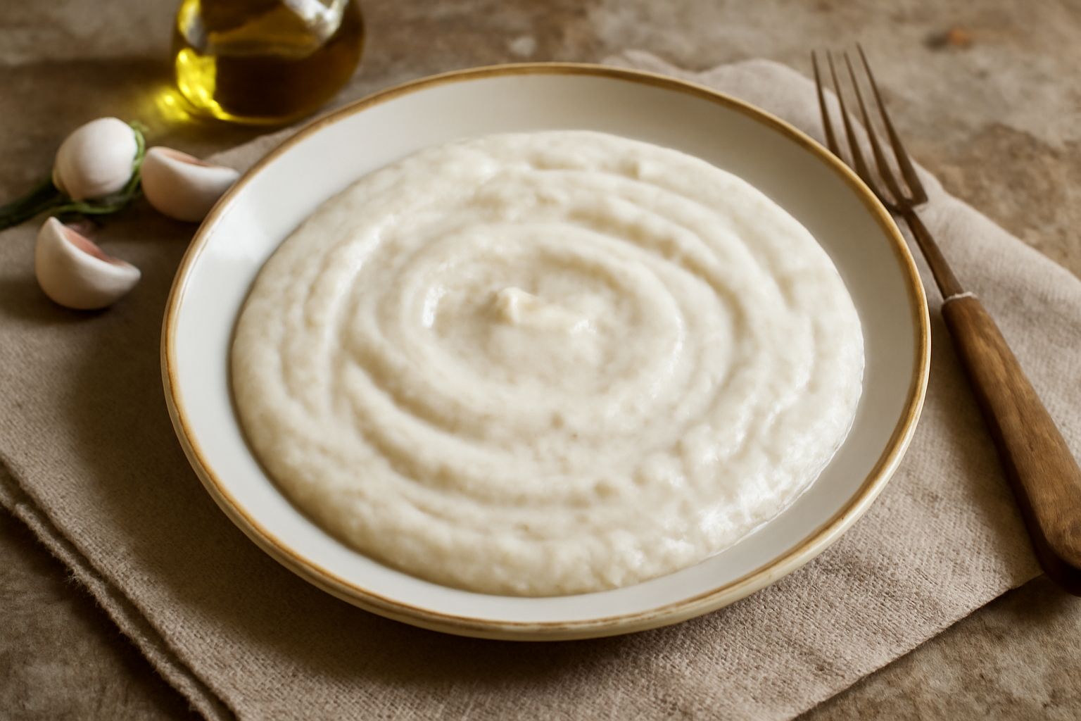 Una ciotola di agliata piemontese color bianco-panna, cremosa e omogenea, con tracce di aglio macinato, servita in un piatto bianco con cucchiaio d'acciaio e una fetta di pane tostato adagiata accanto