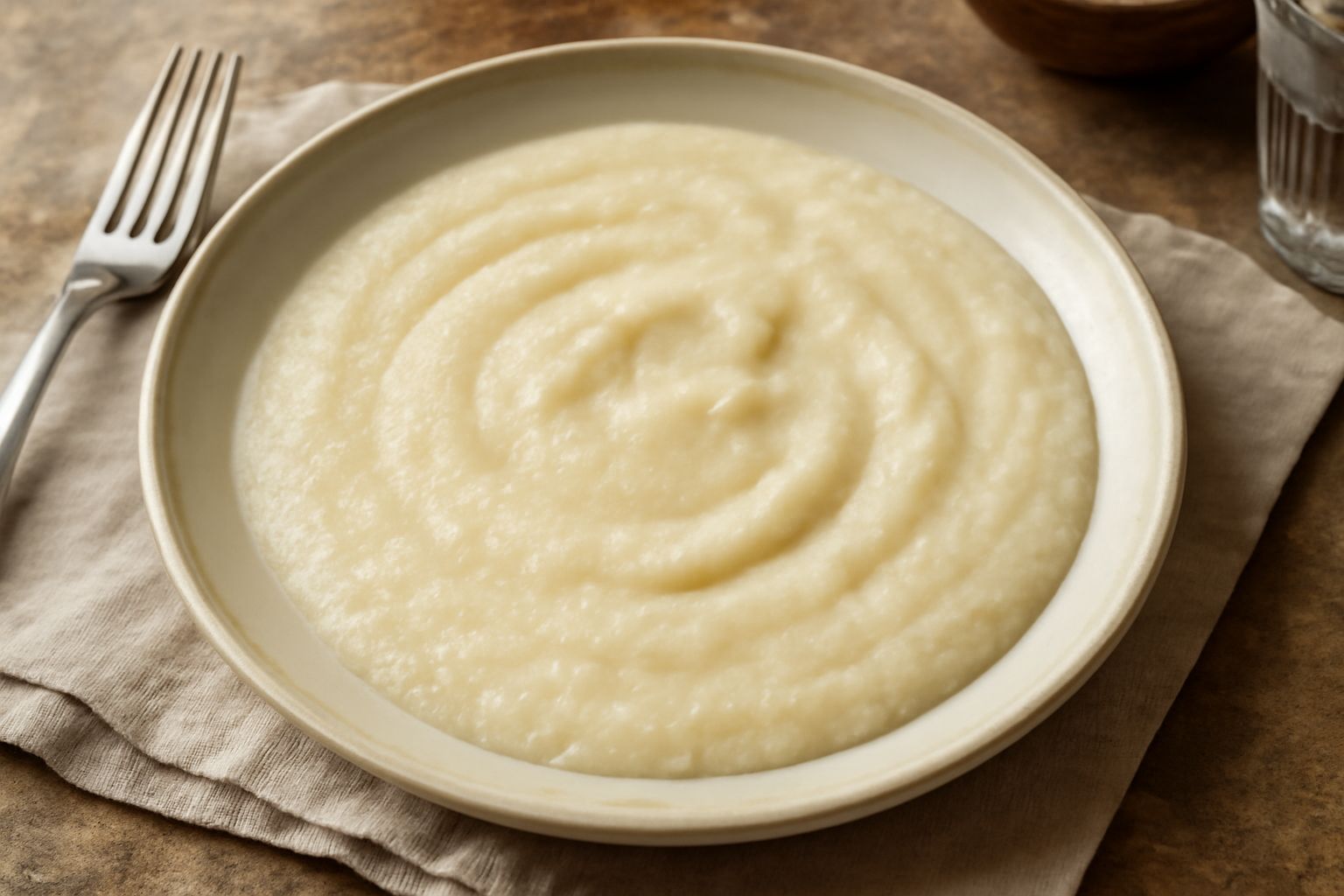 Agliata reggiana cremosa in una ciotola bianca, color bianco avorio con trama liscia, servita accanto a pane tostato spezzettato e spicchi d'aglio fresco su fondo di legno naturale