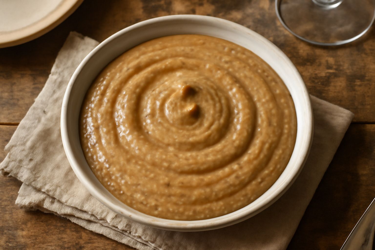 «Agliata sarda» cremosa e beige in una ciotola di ceramica bianca, guarnita con prezzemolo fresco verde, accanto a fette di pane tostato e uno spicchio d'aglio