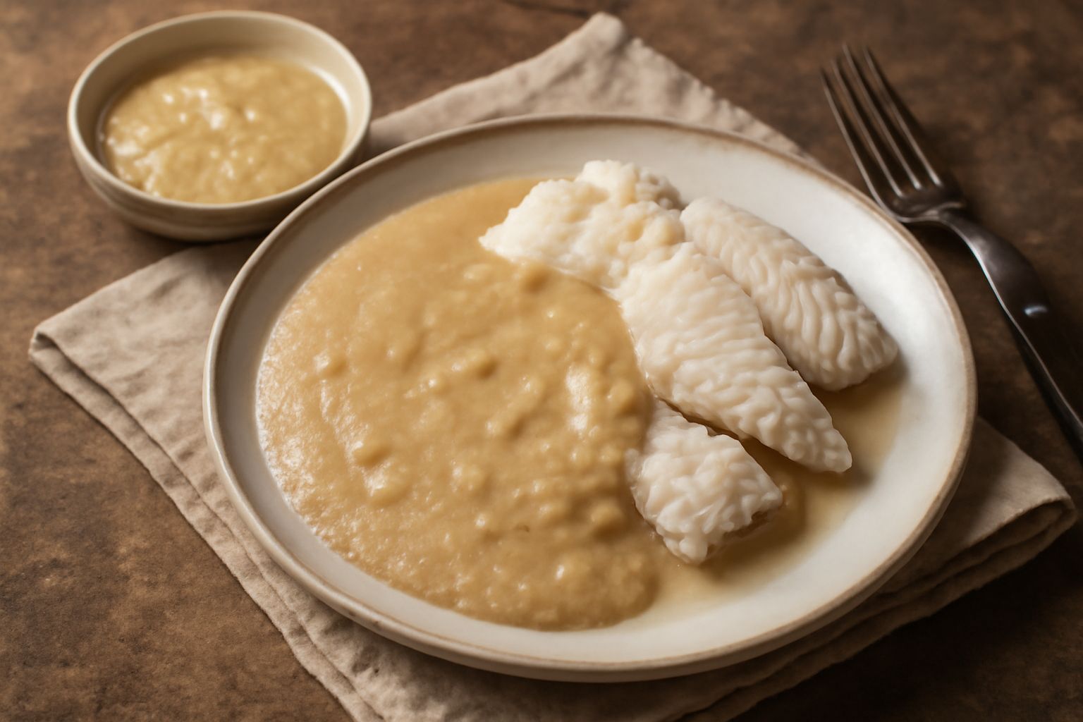 Agliata veneta in ciotola di ceramica bianca, salsa densa color panna con grani d'aglio visibili, su un cucchiaio di legno accanto a spicchi d'aglio fresco e pane tostato