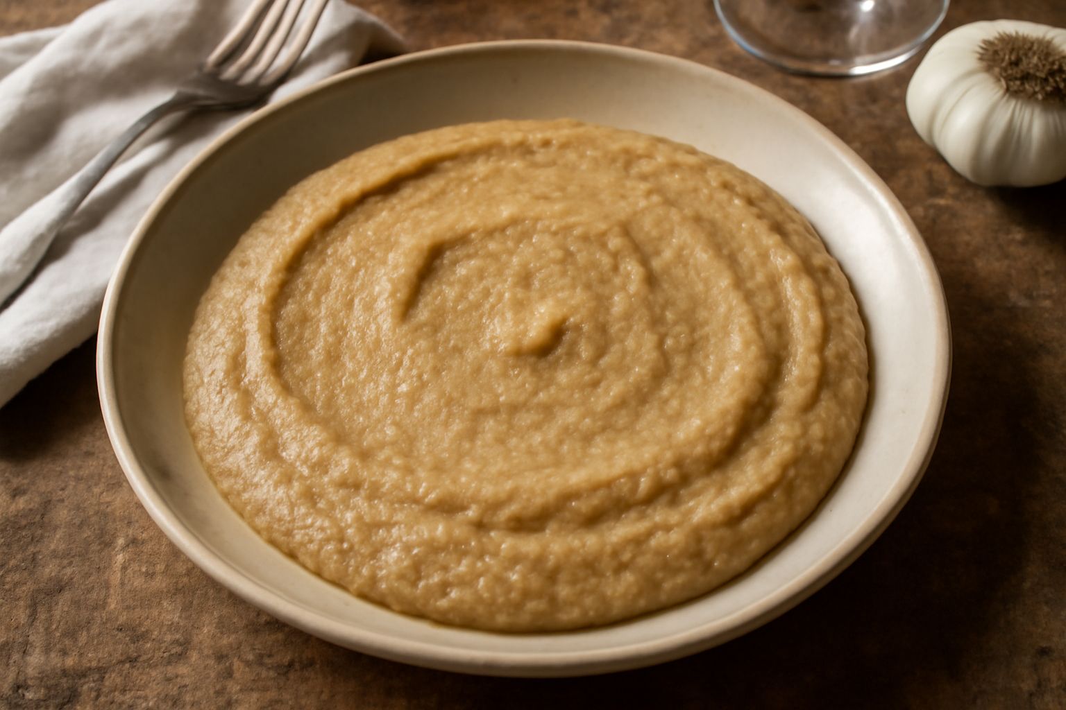 Agliata veronese in ciotola bianca, cremosa e densa color beige con sfumature dorate, accanto a pane tostato croccante e uno spicchio d'aglio sbucciato