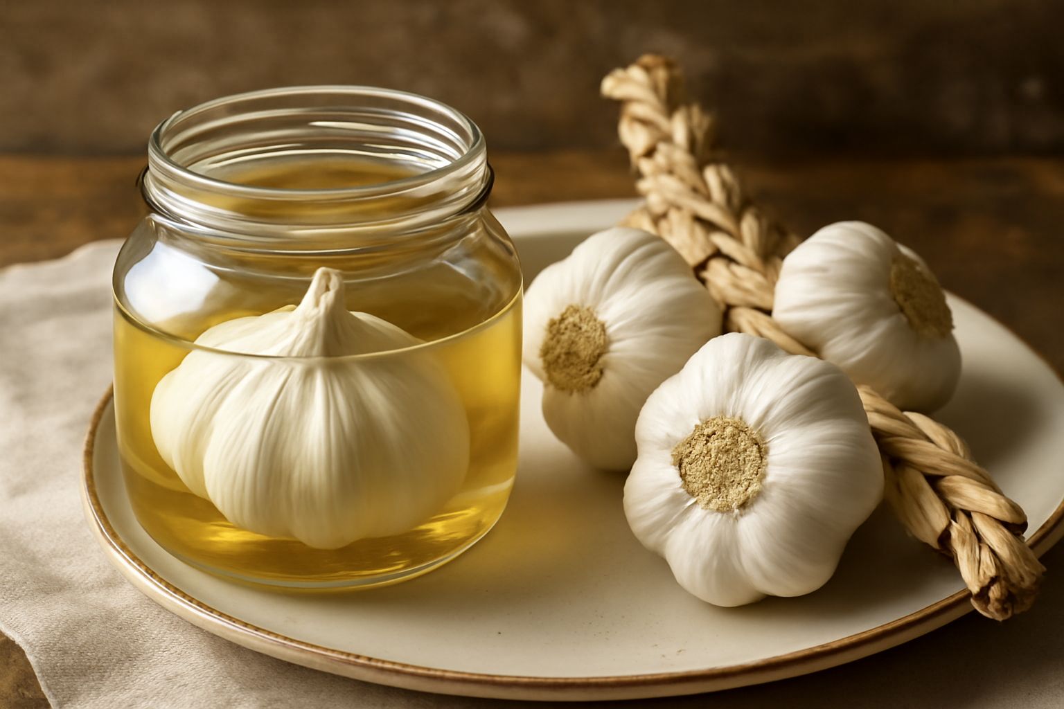 Teste di aglio bianco intero e spicchi riposti in un vasetto di vetro trasparente accanto a una treccia di aglio intrecciato appeso a parete, con sfondo di legno naturale