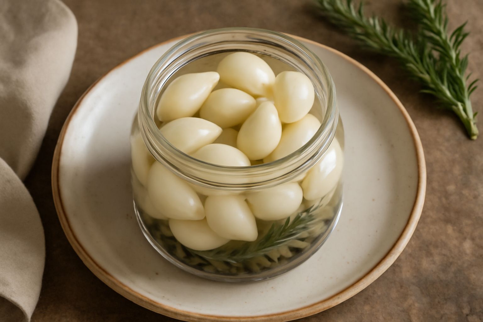 Vasetto di vetro trasparente con spicchi d'aglio bianco immersi in liquid chiaro, con grani di pepe nero e rametti di rosmarino fresco visibili, aglio intatto non pelato