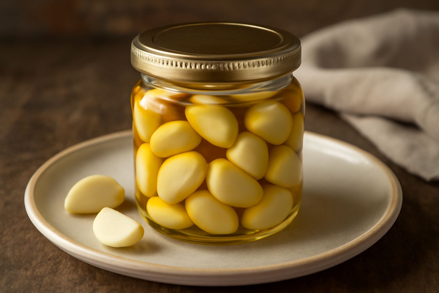 Vasetto di vetro con spicchi di aglio bianco immersi in olio di oliva trasparente, chiuso ermeticamente, con un'etichetta di carta kraft sulla parete di fondo sfocata