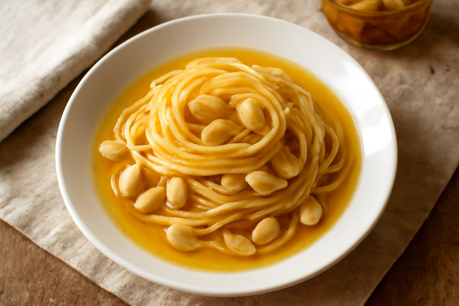 Vasetto di vetro trasparente pieno di spicchi di aglio bianchissimi immersi in olio dorato, con qualche spicchio tagliato a metà visibile, fondo di olio limpido e spicchi disposti uniformemente.