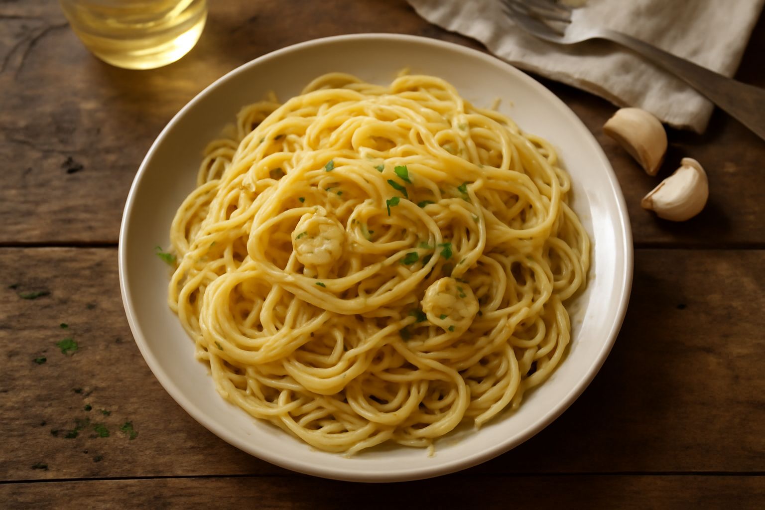 Spaghetti brillanti d'olio con fette sottili di aglio dorato e peperoncino rosso, serviti in piatto bianco con prezzemolo fresco