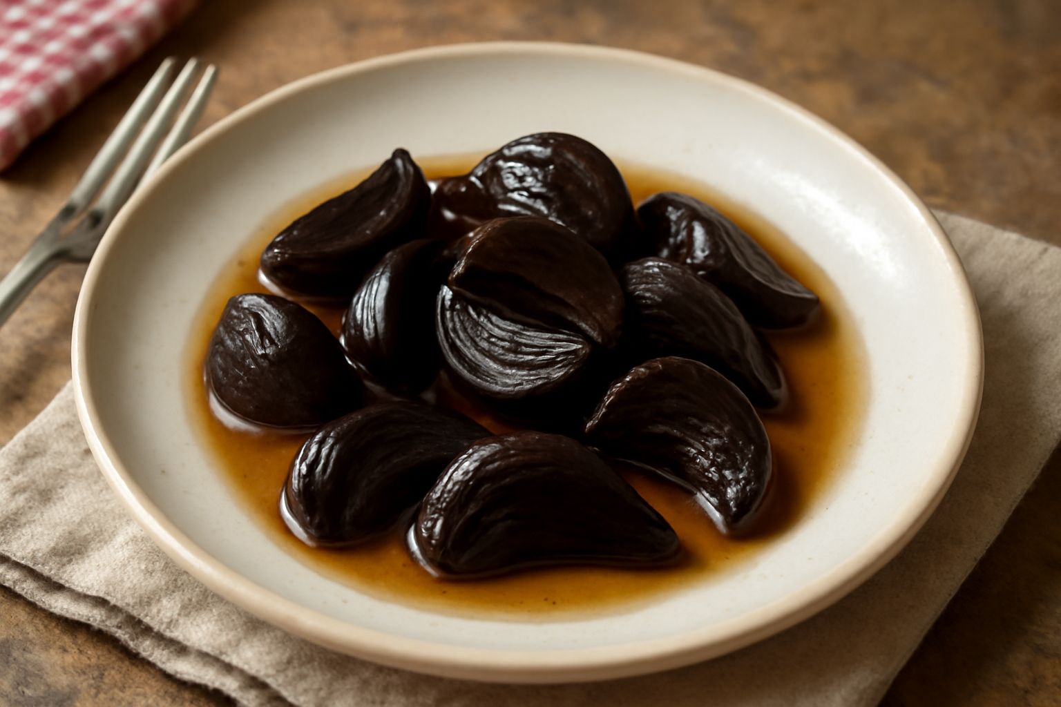 Barattolo di vetro con aglio fermentato scuro e lucido, immerso in liquido ambrato, spicchi morbidi visibili attraverso il vetro, su sfondo di marmo bianco con un cucchiaio di legno accanto