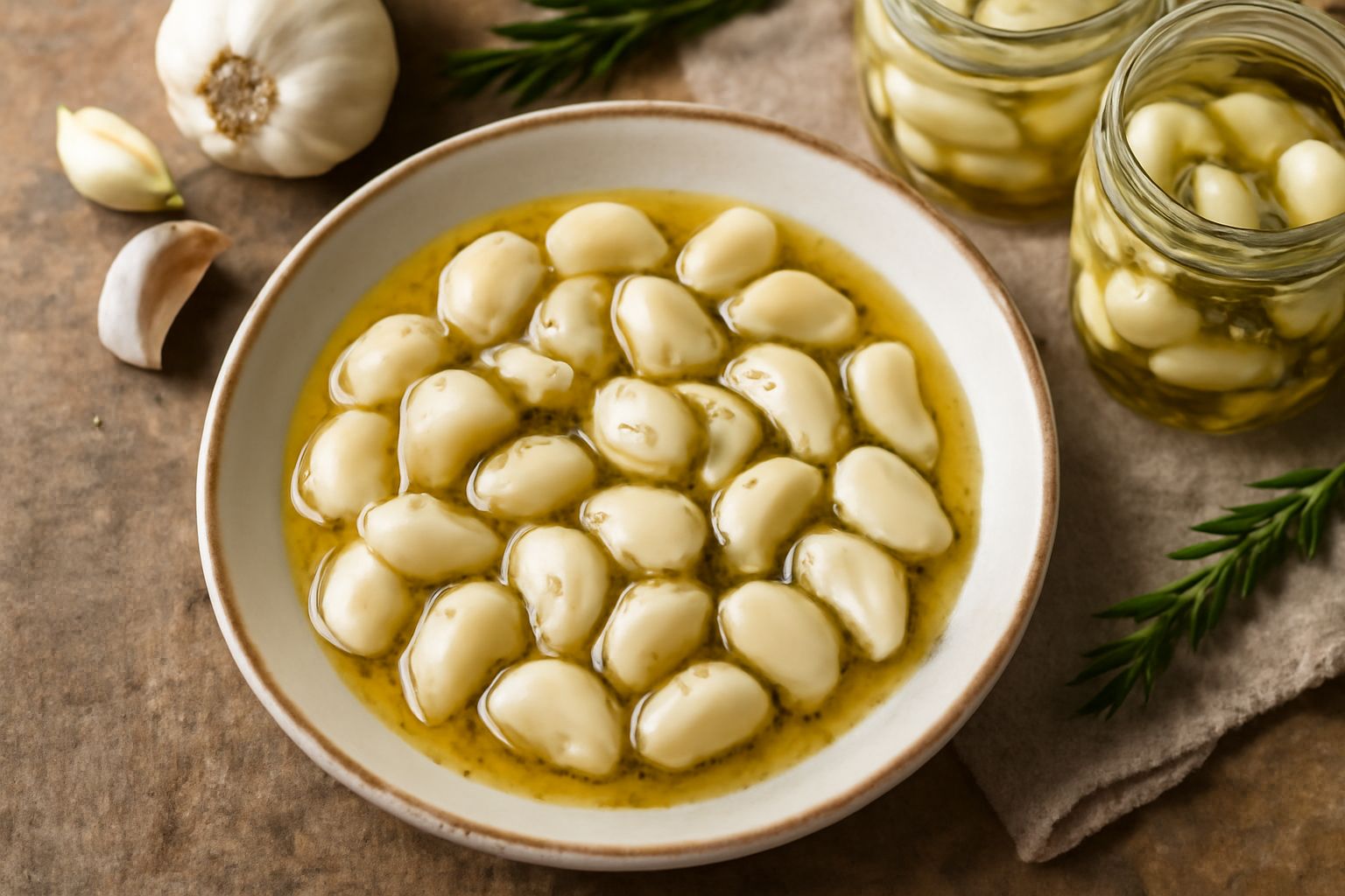 Vasetti di vetro con spicchi d'aglio immersi in olio trasparente e aceto, spicchi bianchi interi ben visibili, erbe aromatiche come timo e rosmarino, tavolo di cucina luminoso