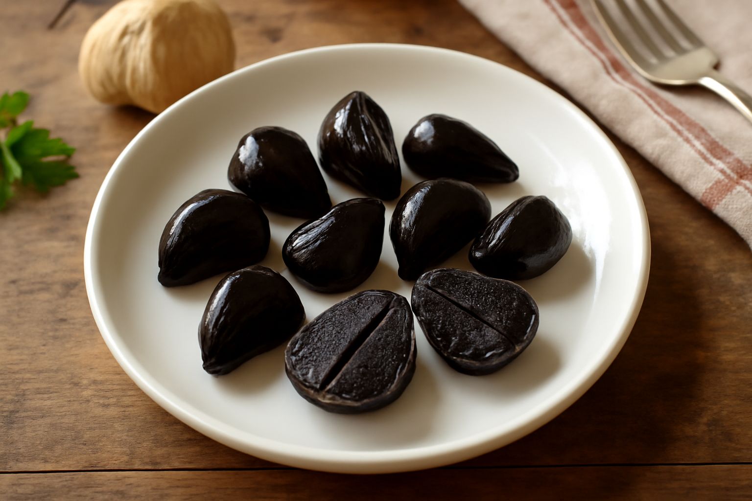 Spicchi di aglio nero lucidi e scuri disposti su un piatto bianco, accanto a aglio bianco fresco e uno spicchio tagliato a metà che mostra la polpa nera