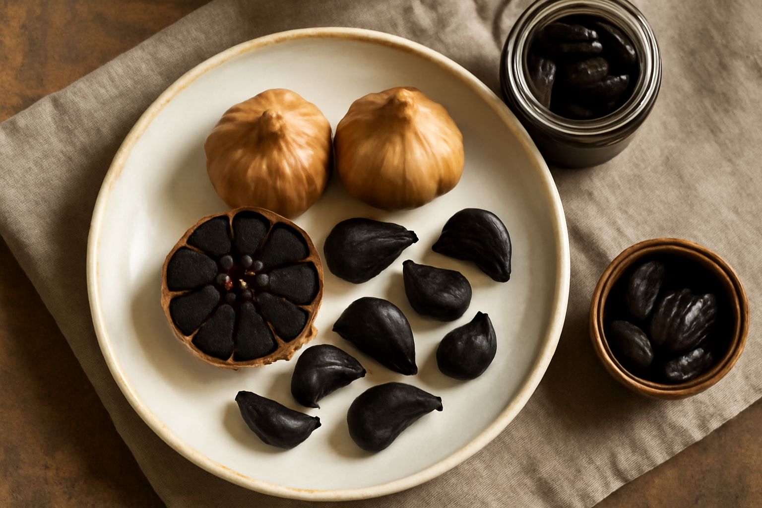 Barattolo di vetro con spicchi di aglio nero lucido e scuro, disposti ordinatamente su sfondo bianco, con un cucchiaio di legno poggiato accanto