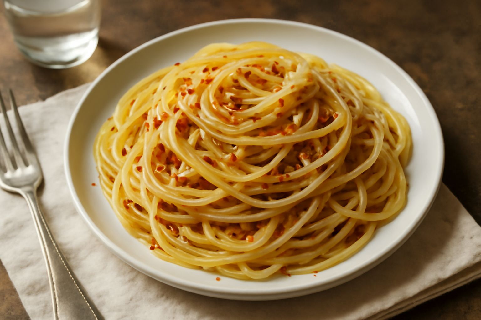 Spaghetti lucidi di olio dorato, con fette sottili di aglio leggermente dorate e scaglie rosse di peperoncino distribuite uniformemente, serviti in un piatto bianco fondo, con un filo di olio verde ol