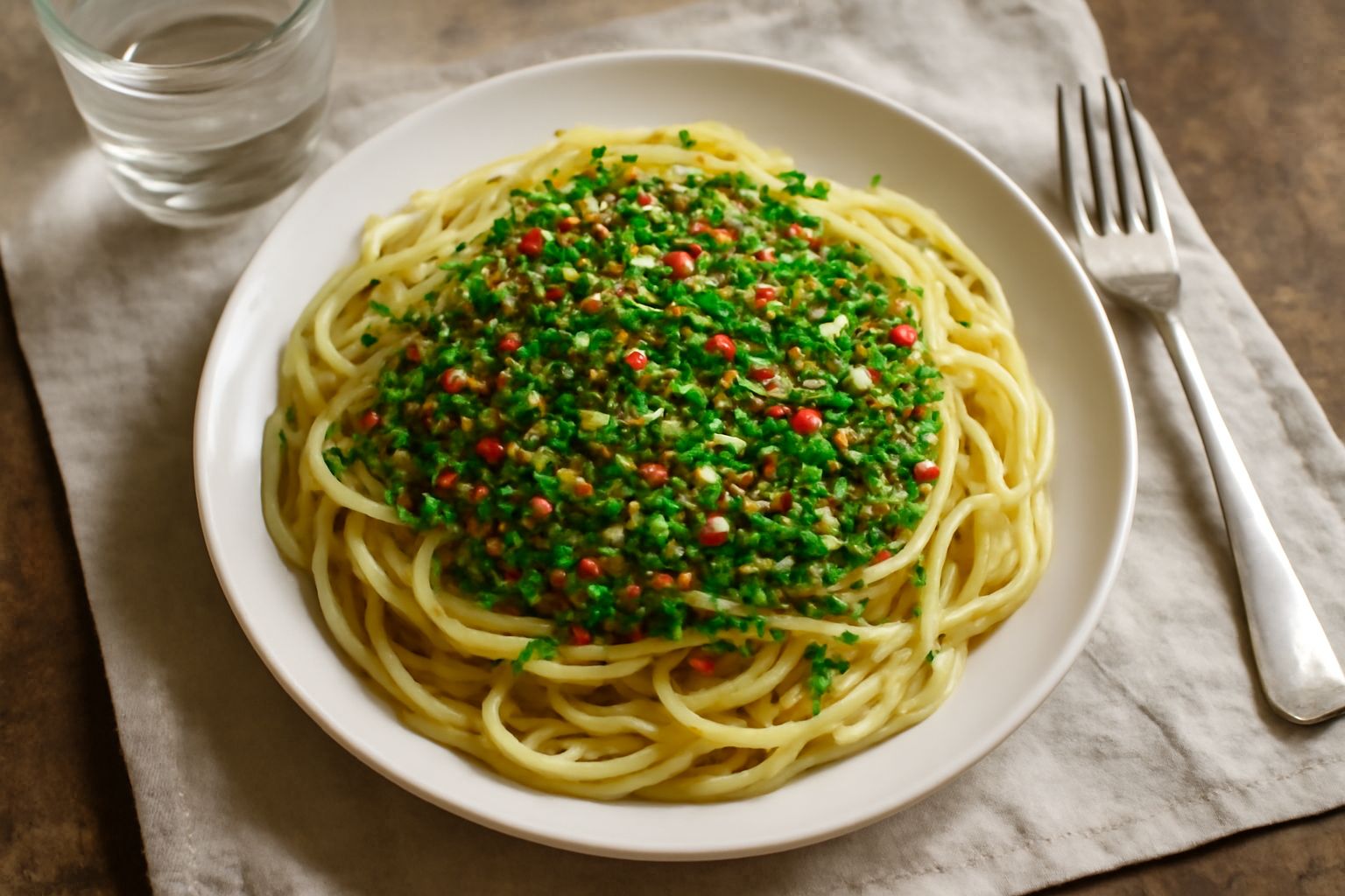Aglio affettato, peperoncino rosso fresco e prezzemolo verde tritato su un tagliere bianco, con gocce d'olio d'oliva, light naturale