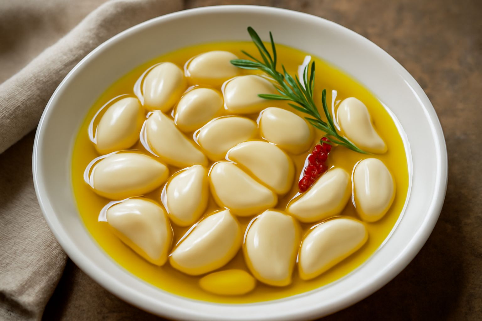 Vasetto di vetro trasparente con spicchi d'aglio intero sbucciato immersi in olio d'oliva dorato, con una foglia di rosmarino in superficie, su sfondo bianco