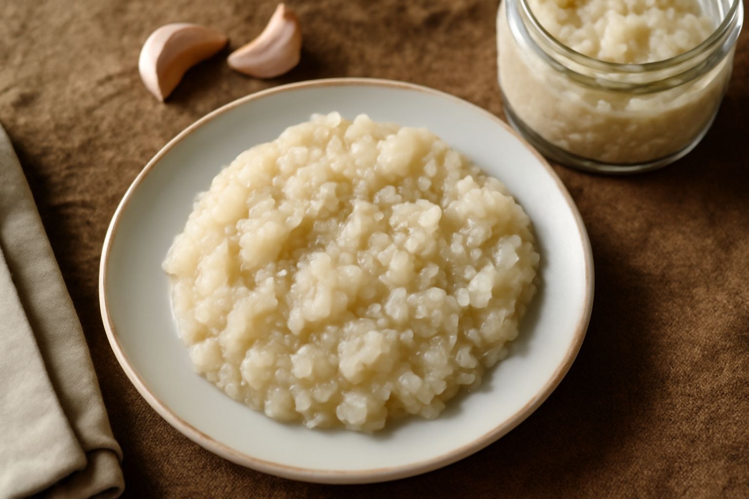 Vasetto di vetro con aglio bianco schiacciato sotto sale grosso marino, con spicchi d'aglio interi visibili in superficie e una sfumatura grigiastra del sale, posato su un tavolo di legno con due spic