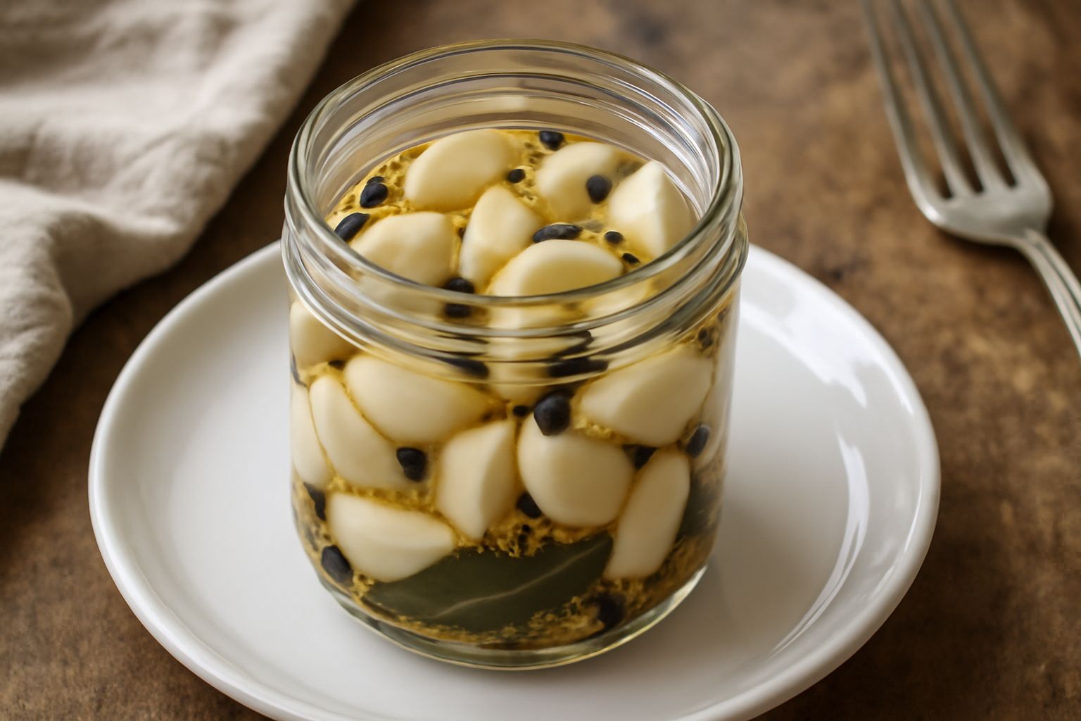 Barattolo di vetro con aglio sottoaceto di colore bianco avorio, spicchi chiari e interi, spezie visibili intorno, liquido trasparente con aceto, su sfondo di cucina bianca