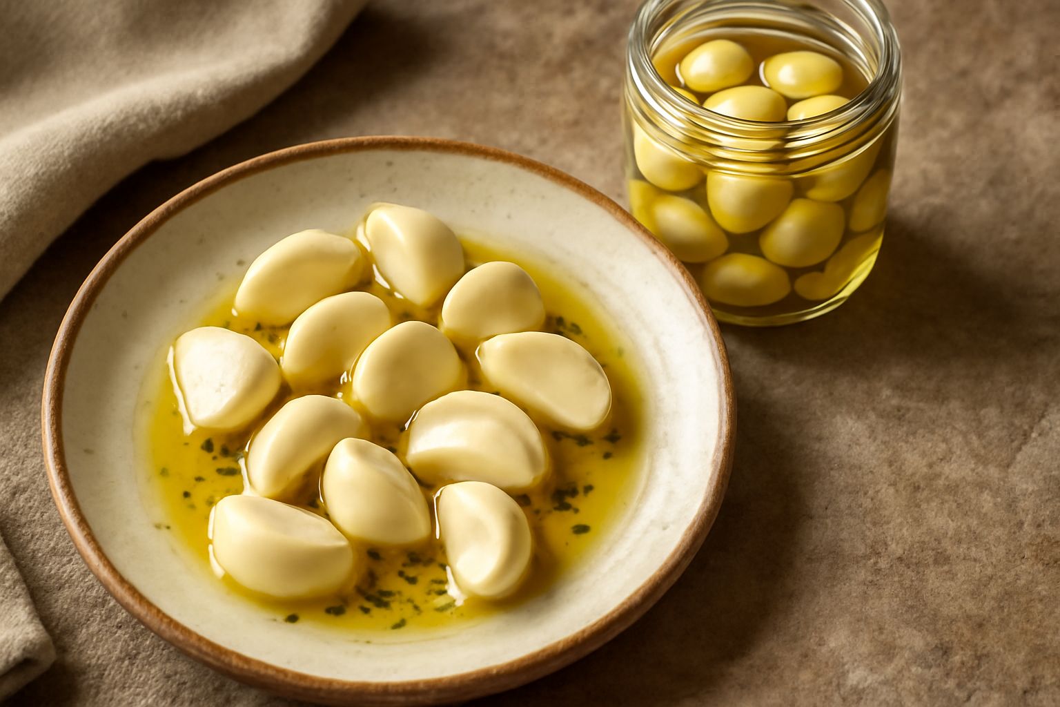 Vasetto di vetro con aglio intero sott'olio trasparente, spicchi d'aglio bianchi immersi, olio giallo dorato, erbe aromatiche e peperoncino rosso sul fondo
