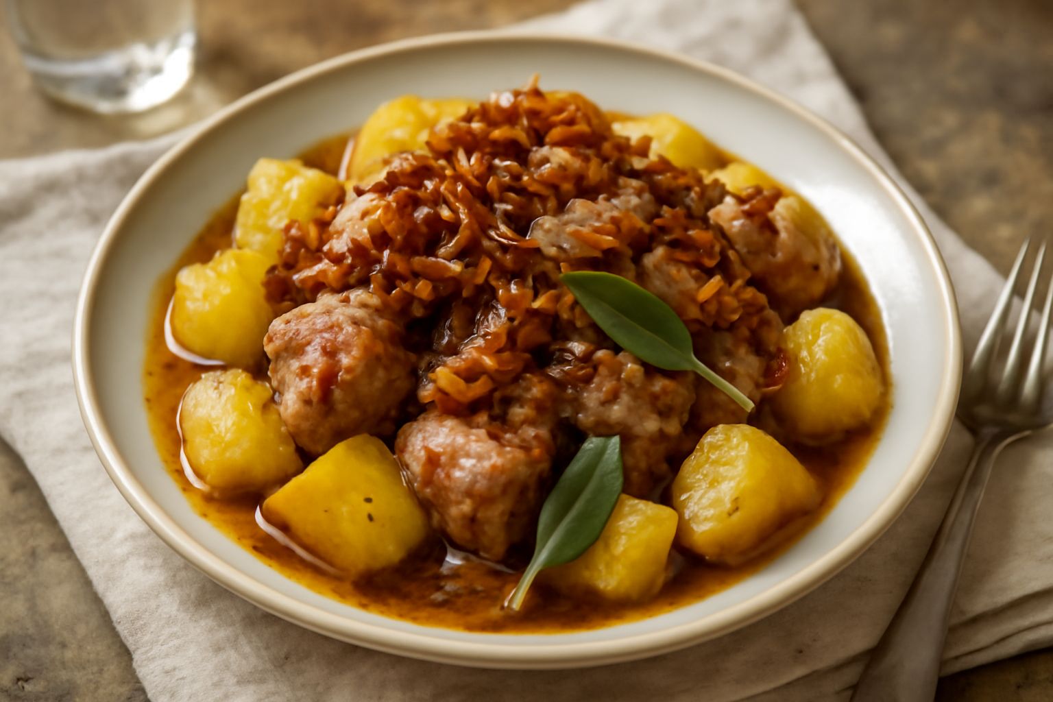 Bocconi di carne di agnello rosato e cuocio con patate dorate stufate, cipolla caramellata e prezzemolo fresco in un piatto di ceramica bianca, salsa ricca di fondo di cottura