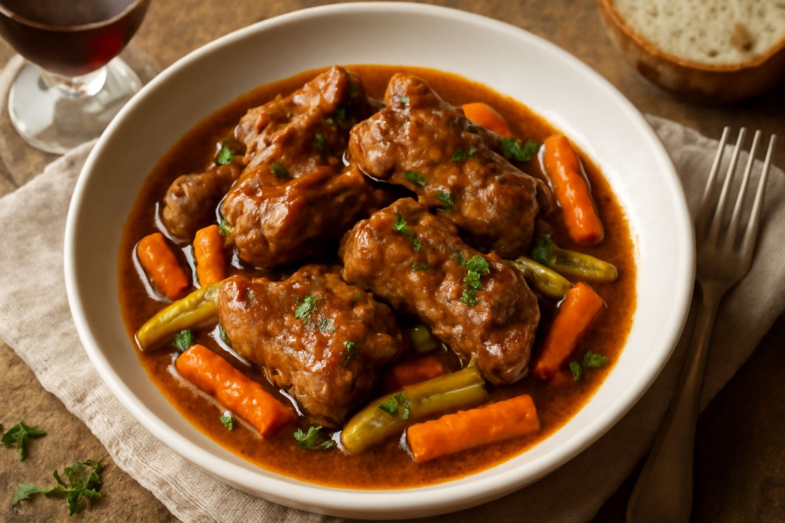 Agnellini in umido in una pentola di terracotta, con carne color marrone dorato immersa nel sugo ristretto, circondati da pezzi di carota e sedano, guarniti con prezzemolo fresco