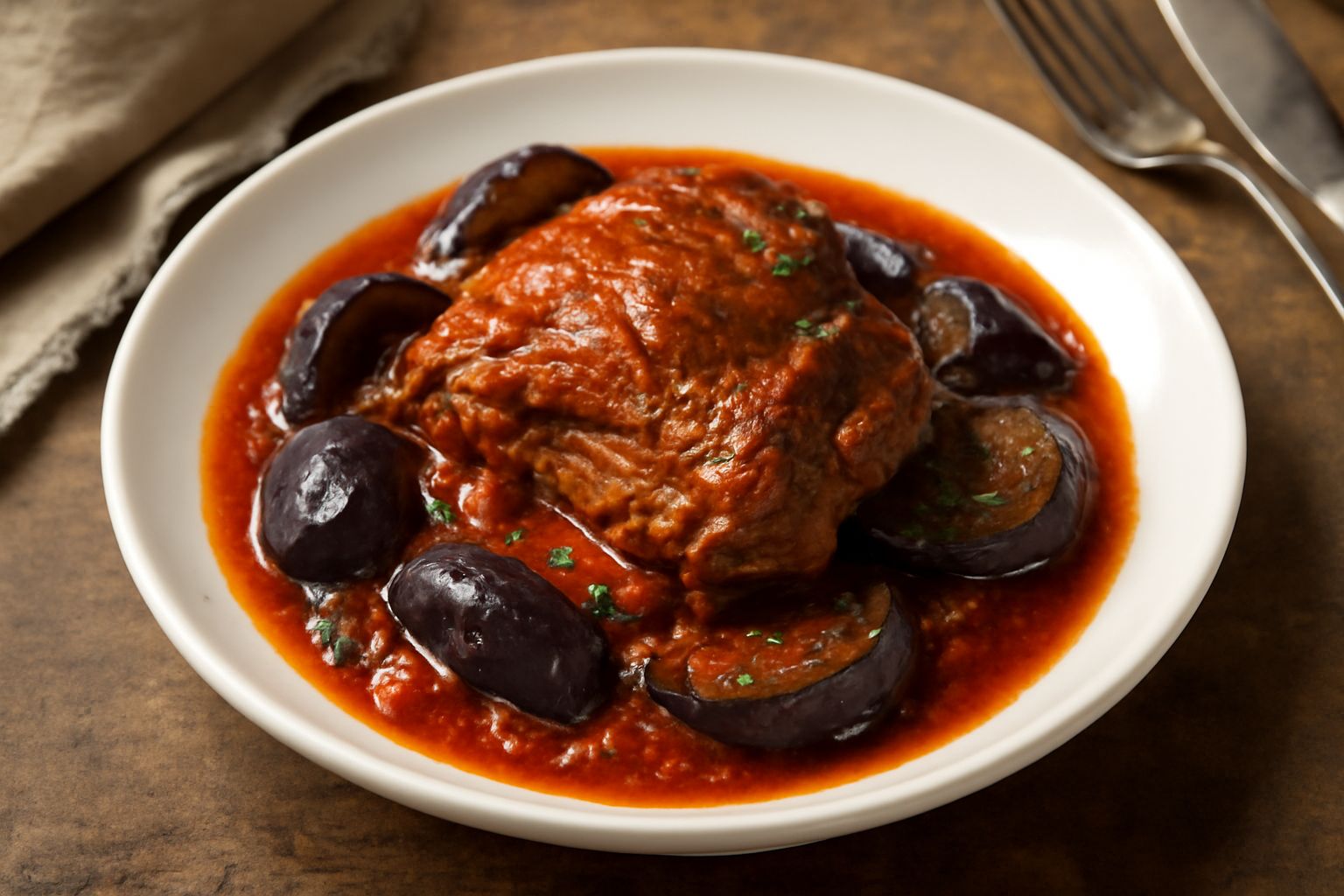 Agnello a sa carapigna in una ciotola di ceramica: pezzi di carne marrone scuro e tenera, melanzane cotte in rosso di pomodoro, un cucchiaio di legno sul lato, vapore caldo appena visibile, fondo scur