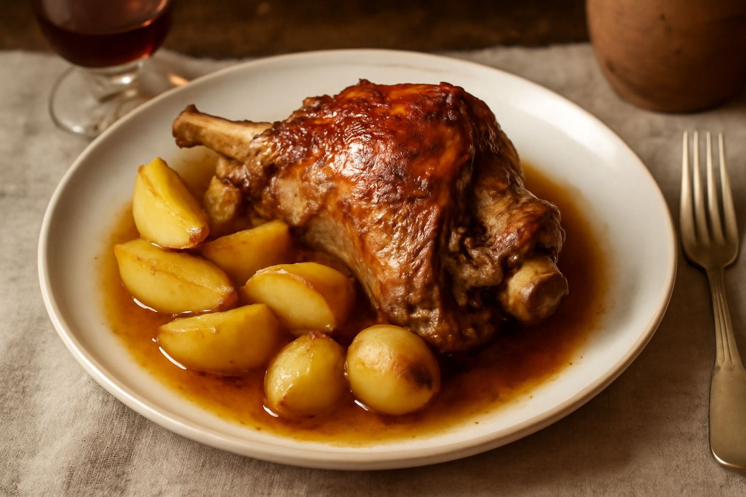 Agnello al forno in teglia di ceramica, dorato e bagnato nel suo fondo, circondato da patate tagliate a spicchi, aglio intero e rametti di rosmarino fresco, servito su tavolo di legno