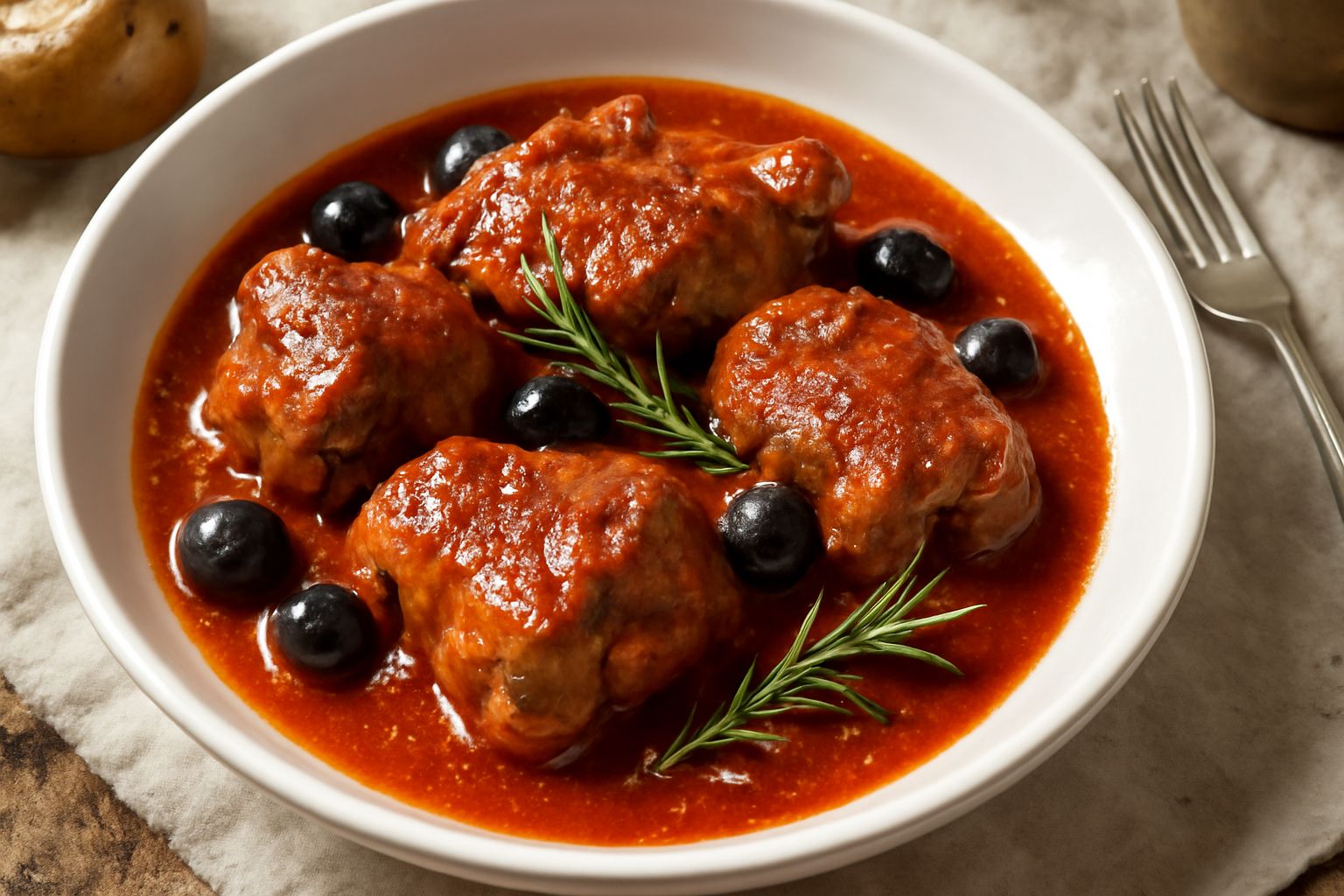 Agnello alla cacciatora servito in un piatto bianco, pezzi di carne tenera color marrone dorato immersi in salsa rossa, olive nere visibili, guarnito con prezzemolo fresco verde, con contorno di polen