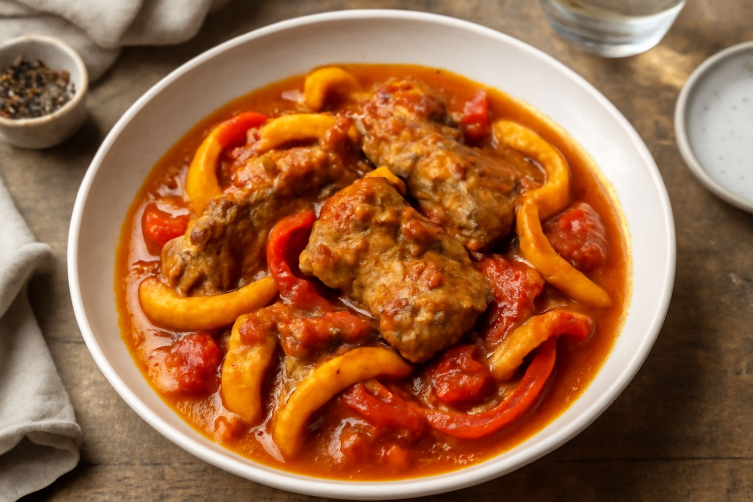 Agnello alla calabrese in tegame di terracotta, con pezzi di carne marrone dorata, peperoni rossi e gialli, pomodori rossi e salsa scura, guarnito con prezzemolo fresco