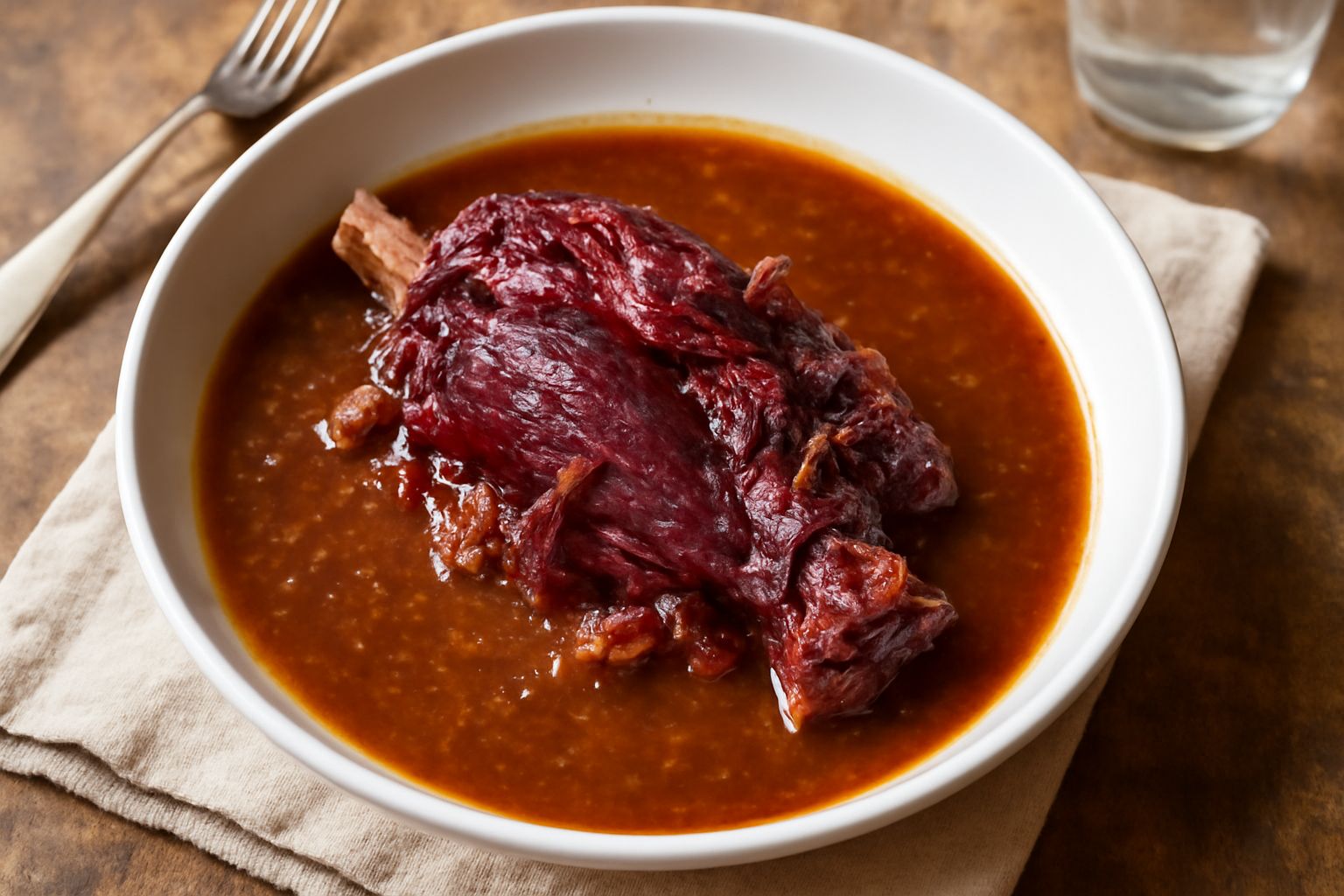 Agnello alla cassa in pentola di terracotta, carne rosso scuro e morbida in brodo marrone, con verdure morbide, servito in piatto fondo bianco con cucchiaio di legno