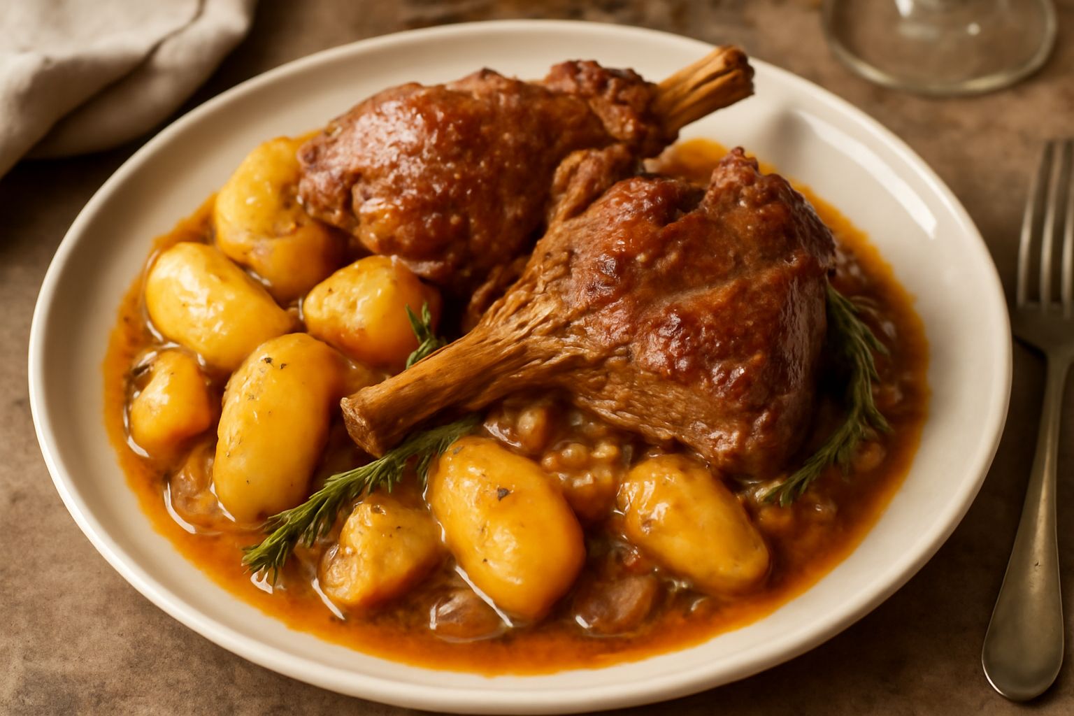 Agnello cotto arrosto in tegame di terracotta, color marrone dorato, circondato da patate e cipolle rosate, rosmarino e timo freschi sparsi, vapore ancora visibile, servito in piatto bianco