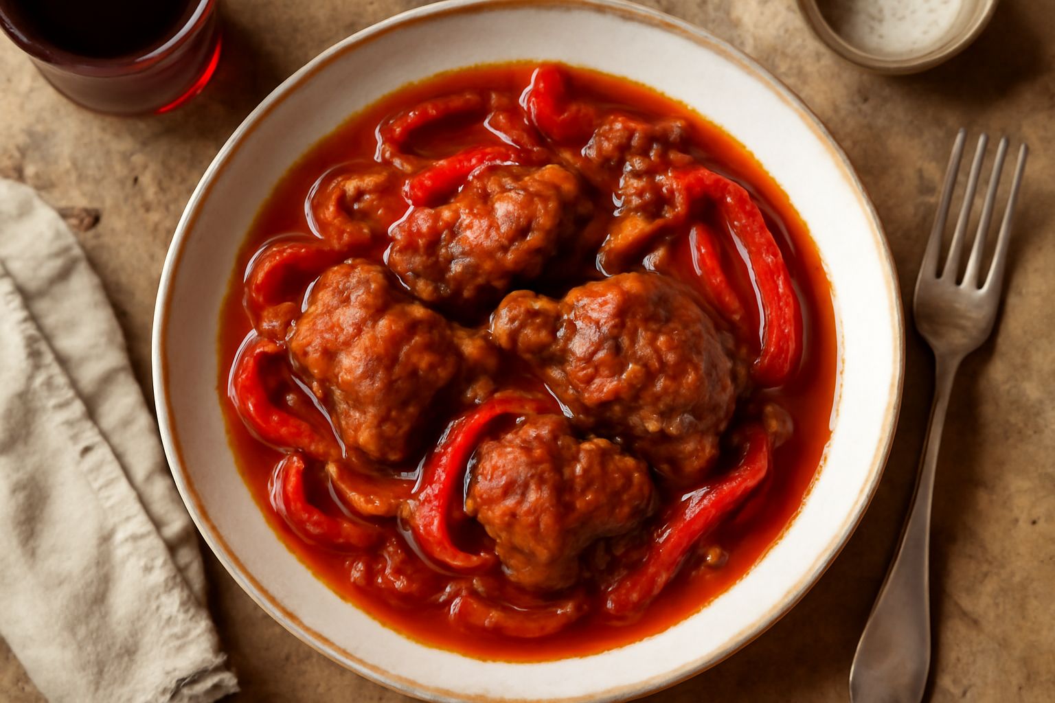 Agnello alla lucana in tegame di coccio, carne brunita e tenera immersa nel sugo rosso con peperoni morbidi e cipolla caramellata, emanante vapore fumante, contornato da pane casereccio