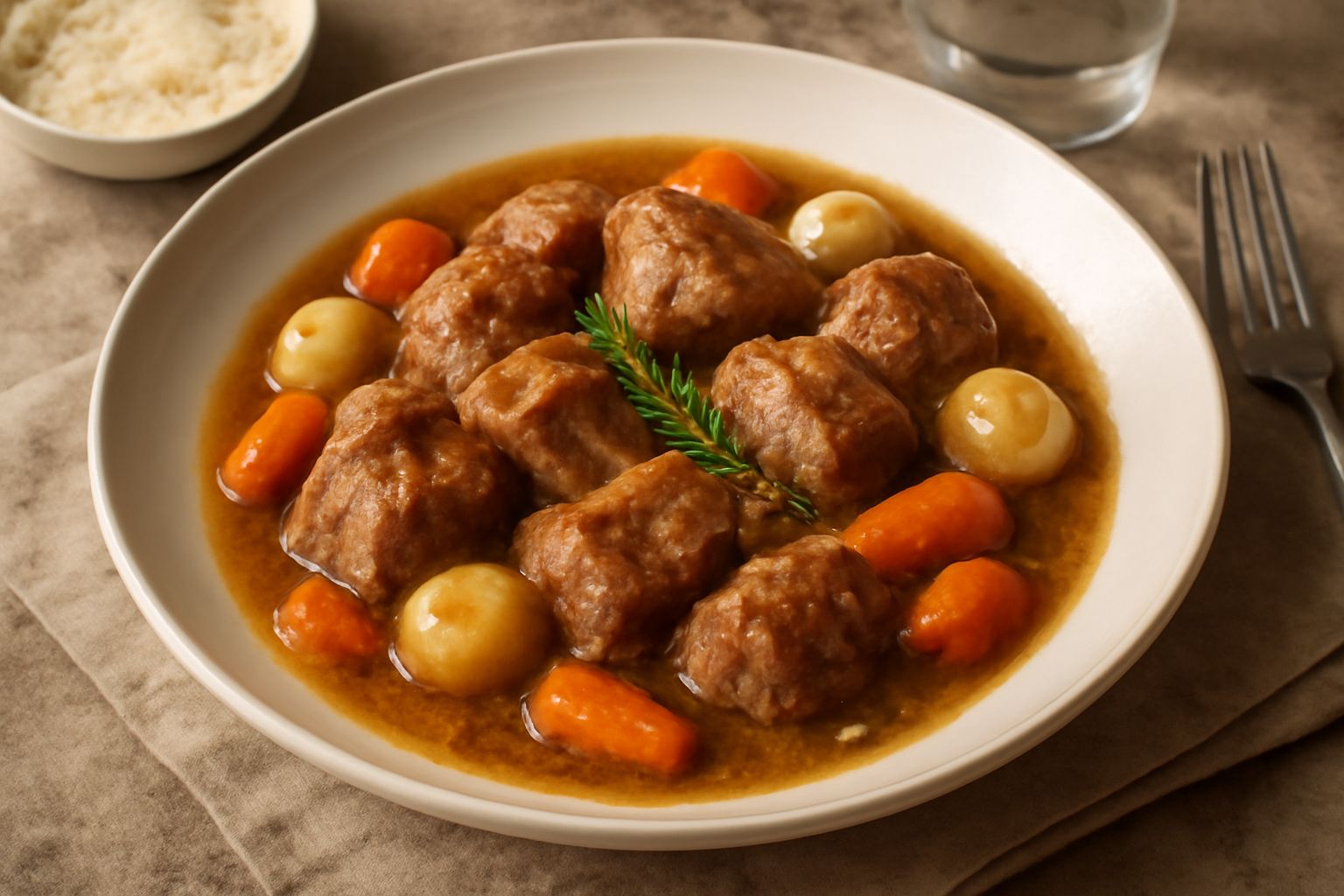 Agnello alla marchigiana servito in piatto fondo bianco: pezzi di carne marrone dorata in salsa marrone chiaro, guarnito con rametto di rosmarino fresco, circondato da verdure cotte morbide e piccole 
