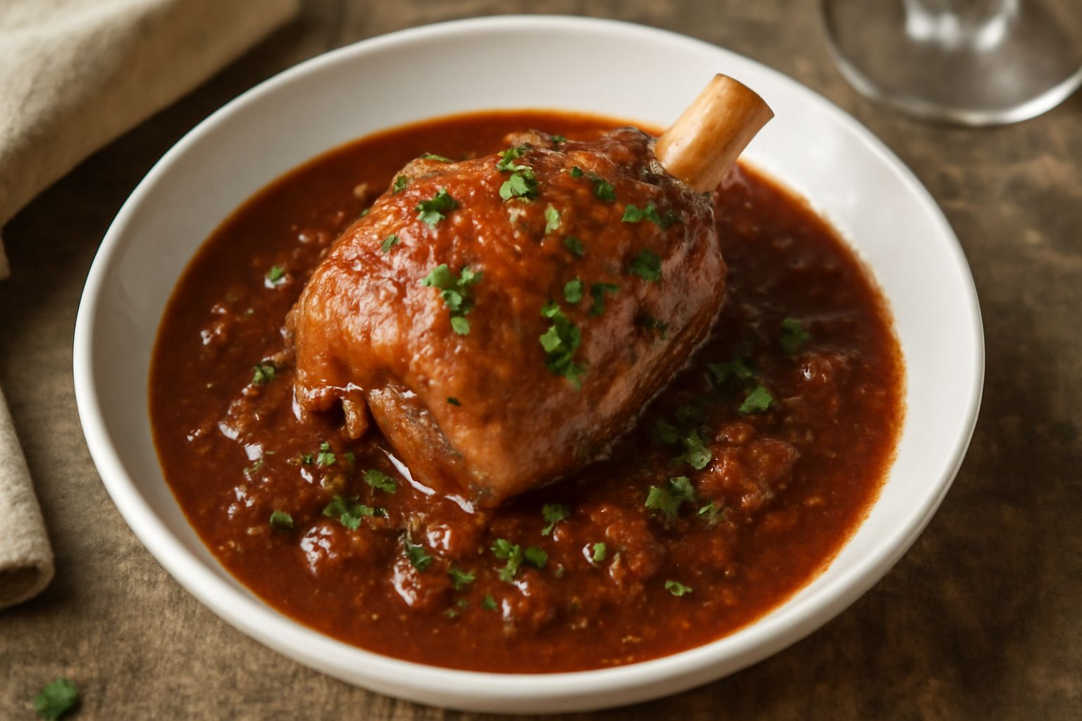 Pezzo di agnello rosato in umido con salsa di pomodoro scuro e vino rosso, servito in terracotta bianca con prezzemolo fresco, contornato da cipolla e carota in sottofondo sfocato