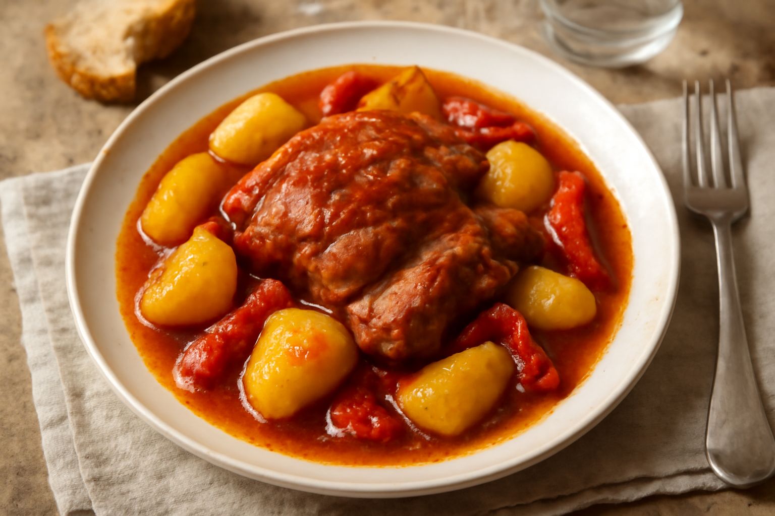 Piatto fondo di ceramica bianca con agnello rosato in umido, pezzi di pomodoro rosso e peperone giallo, patate bianche intorno, salsa scura di cottura, prezzemolo fresco verde sopra