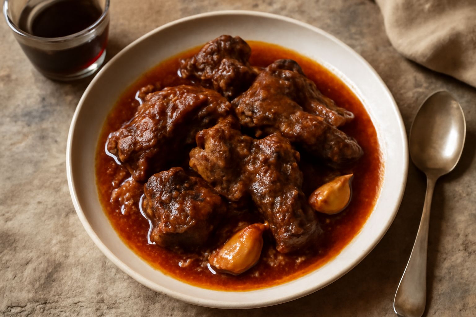 Agnello in umido in una pentola di terracotta rossa, con pezzi di carne scura e salsa di pomodoro, guarnito con rametti di rosmarino fresco e aglio spellato