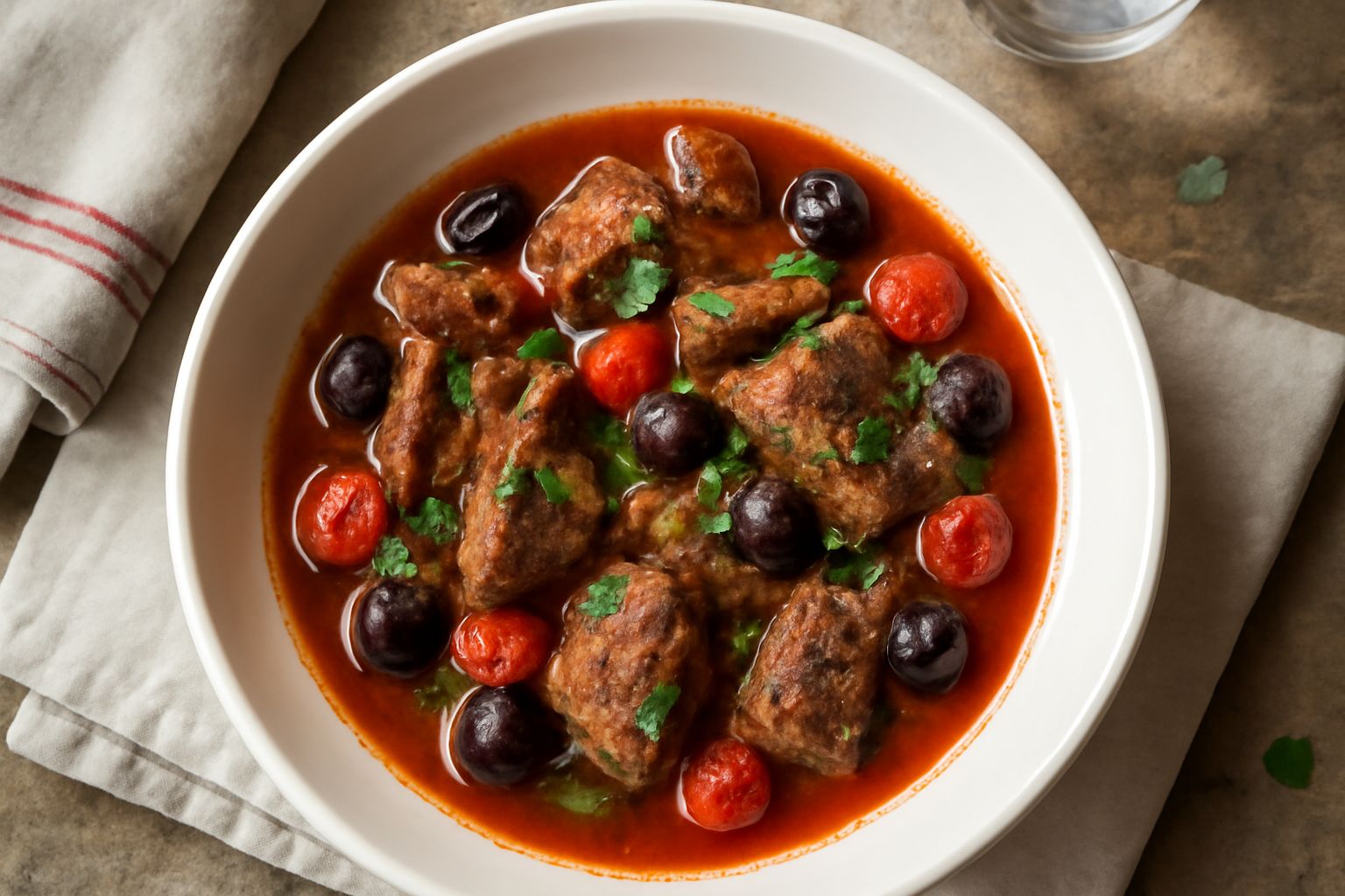 Piatto bianco con agnello in umido di colore marrone scuro, con salsa rossa, olive nere e pomodori, accompagnato da prezzemolo fresco verde e contorno di pane tostato