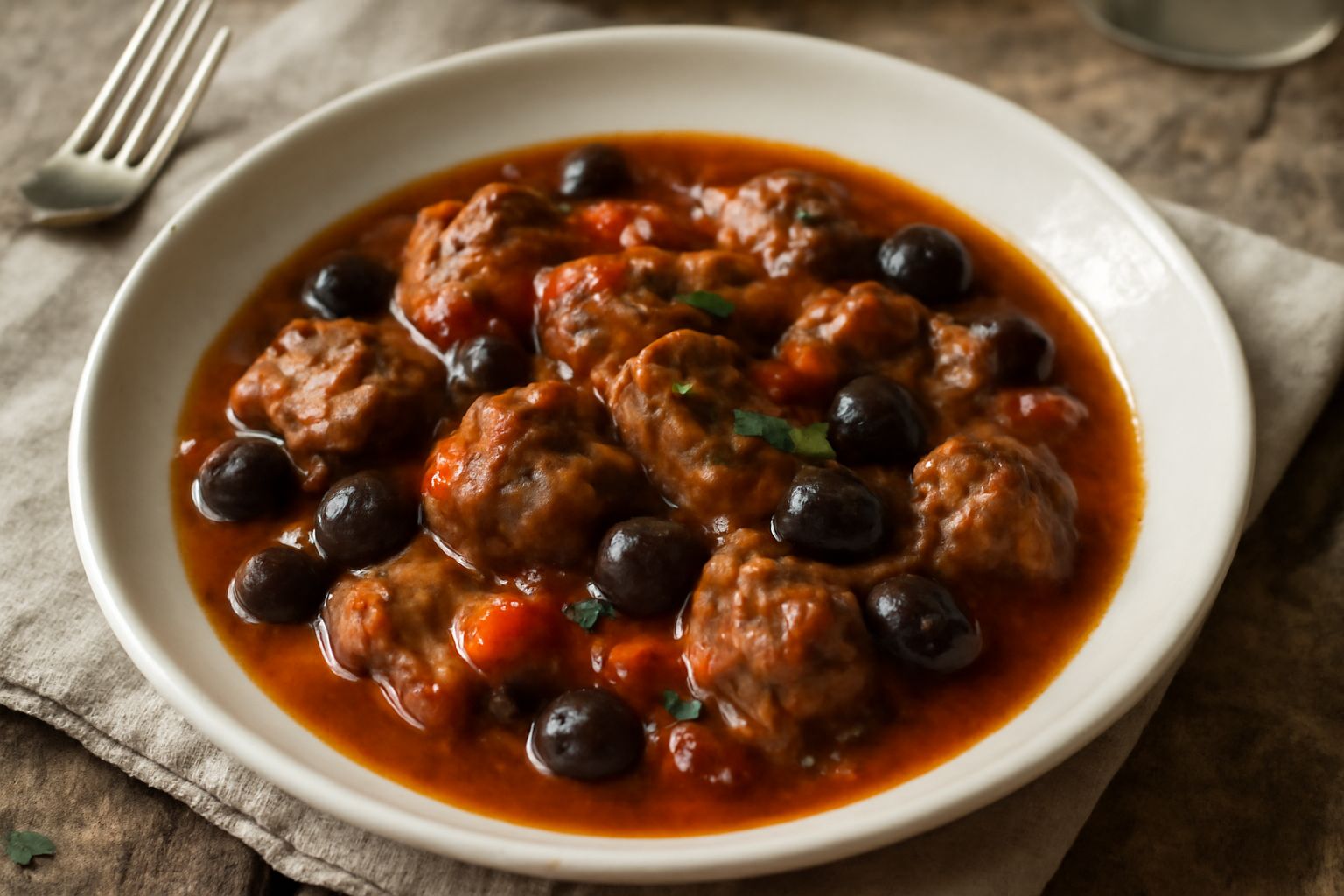 Agnello stufato in tegame di coccio, con carne rosata e tenera, ricoperta da un sugo rosso scuro con olive nere visibili, servito in piatto bianco con prezzemolo fresco e pane tostato ai lati