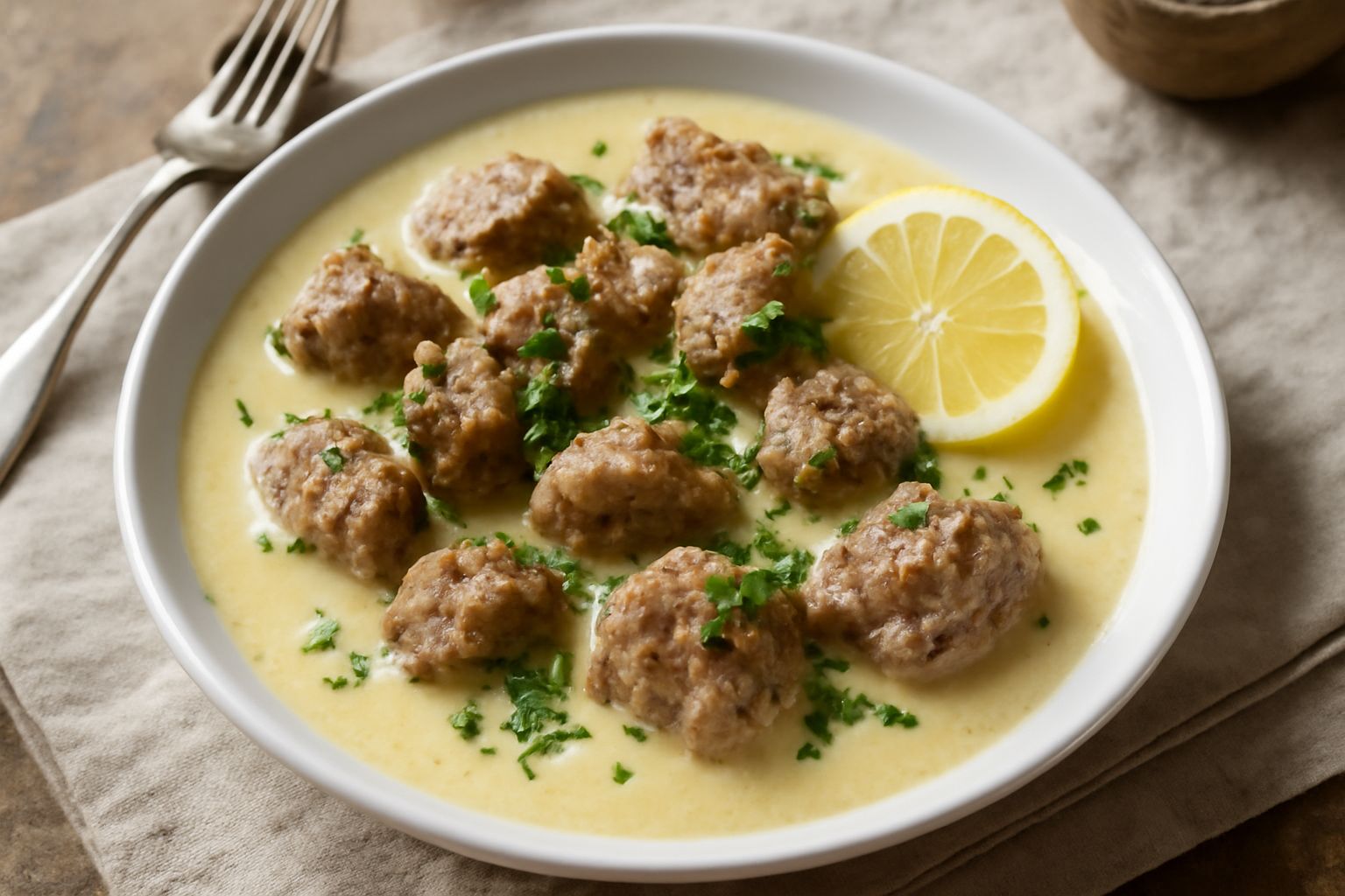 Piatto fondo di ceramica bianca con pezzi di agnello tenero in brodo cremoso leggermente ambrato, guarnito con prezzemolo tritato fresco e fette di limone sul bordo, pane tostato accanto