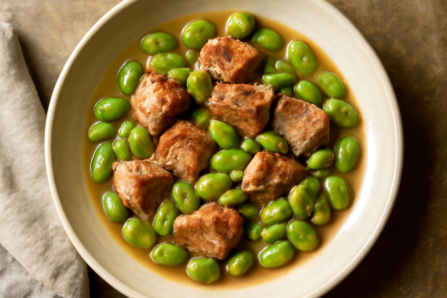 Piatto di ceramica bianca con bocconi di agnello rosato e fave verdi brillanti in un fondo di sugo leggero, guarnito con una manciata di prezzemolo fresco tritato