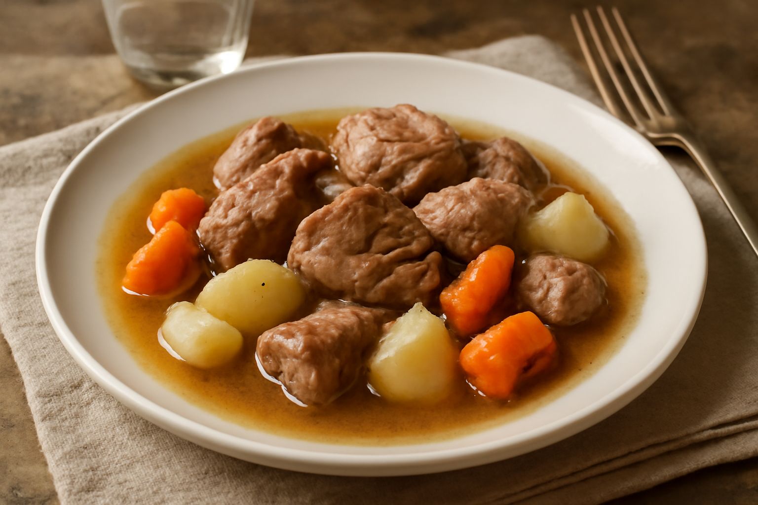 Piatto fondo di terracotta beige con agnello in umido, carote tagliate a pezzi, patate bianche e cipolla gialla in brodo traslucido, guarnito con prezzemolo fresco verde scuro