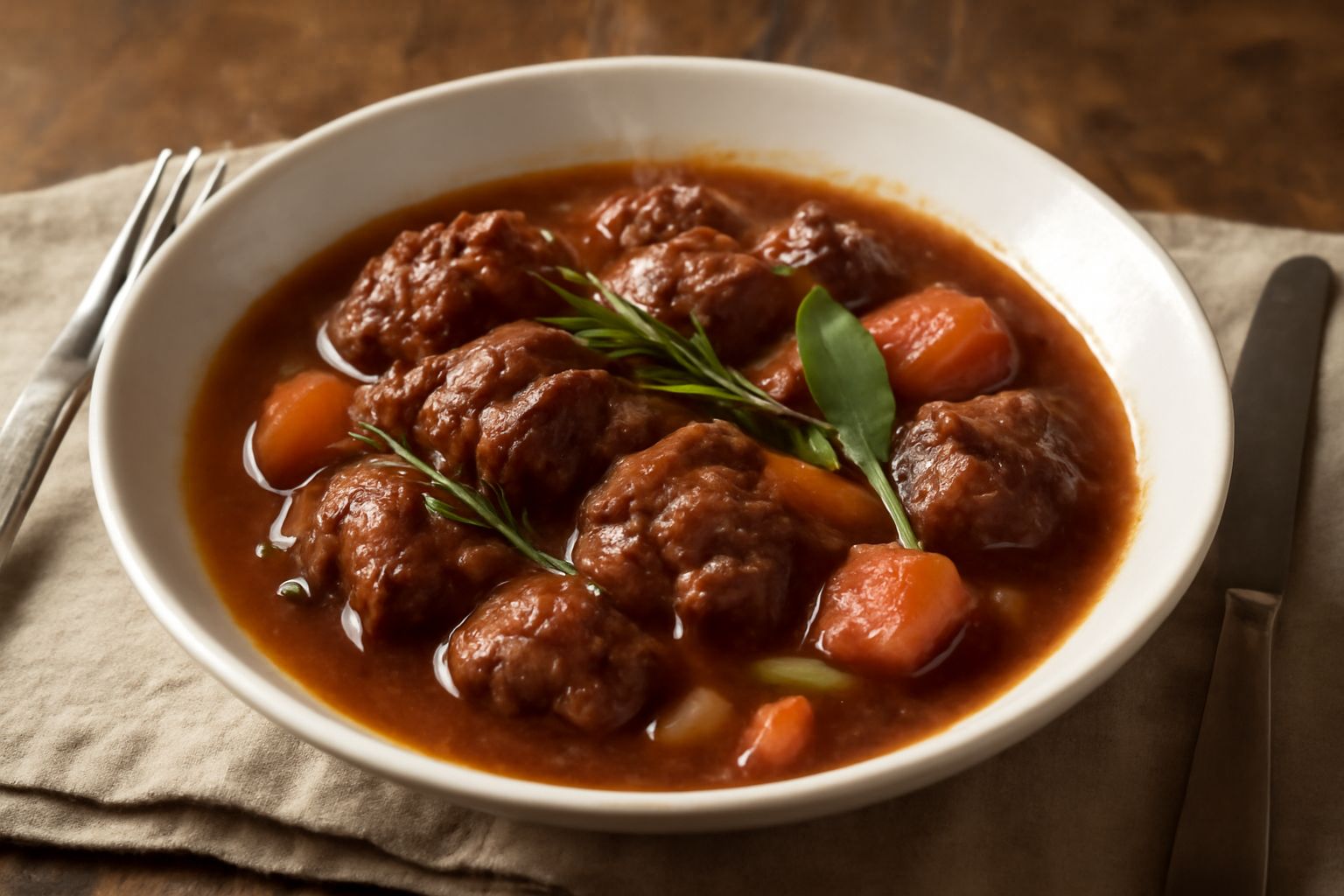 Piatto fondo bianco con pezzi di agnello rosso scuro immersi in sugo marrone scuro, contornato da verdure morbide, cipolla bianca e carota arancione, vapore visibile, cucchiaio d'argento appoggiato su
