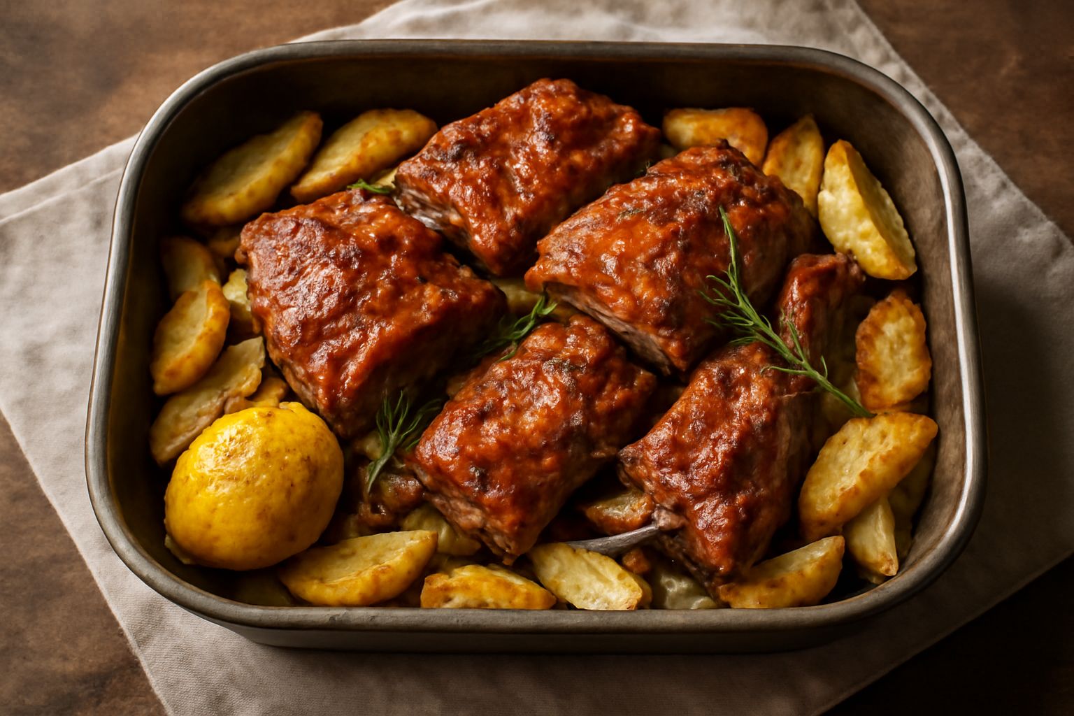 Arrosto di agnello dorato al forno in una teglia, guarnito con rametti di rosmarino e salvia, circondato da patate al forno e limone a spicchi, vapore leggero che sale dalla carne