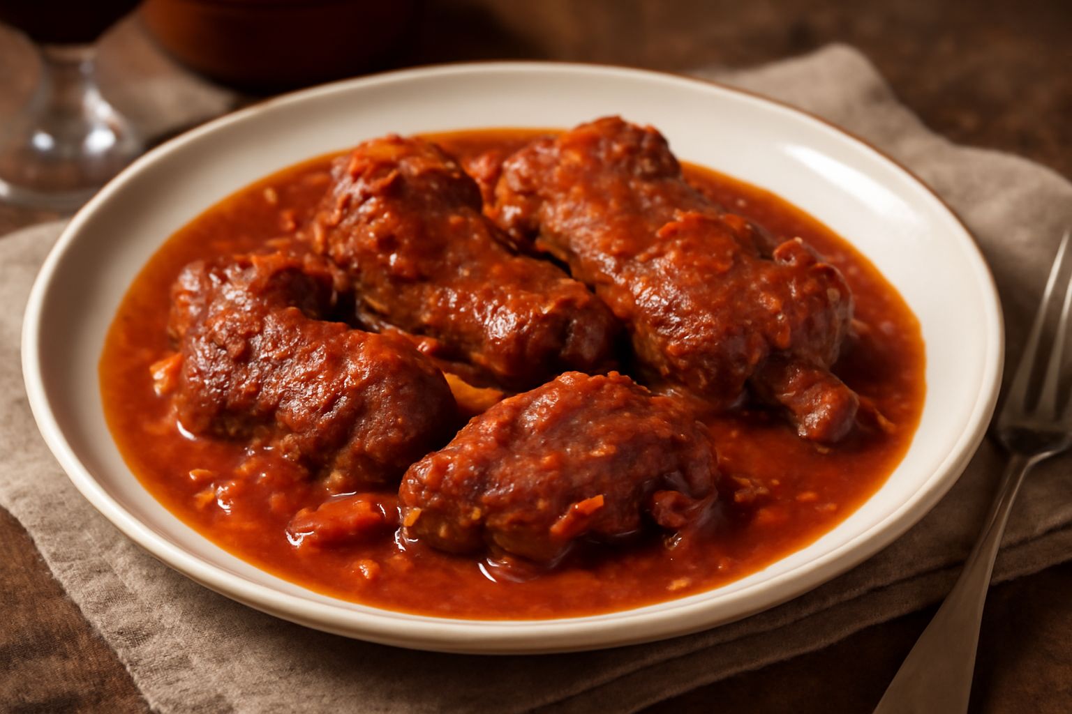 Pezzi di agnello rosso scuro cotti in umido in una pentola di terracotta, circondati da sugo marrone scuro, cipolla e erbe fresche, vapore che sale dal piatto